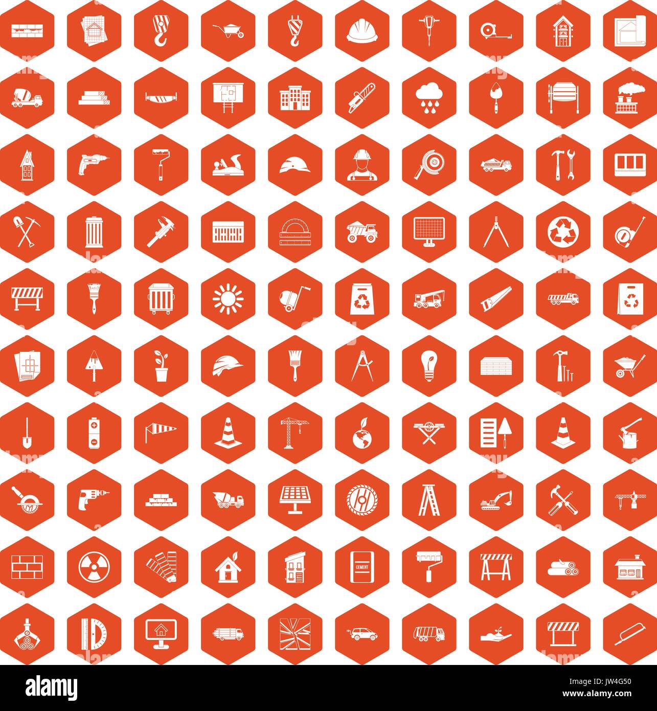 100 construction site icons hexagon orange Stock Vector