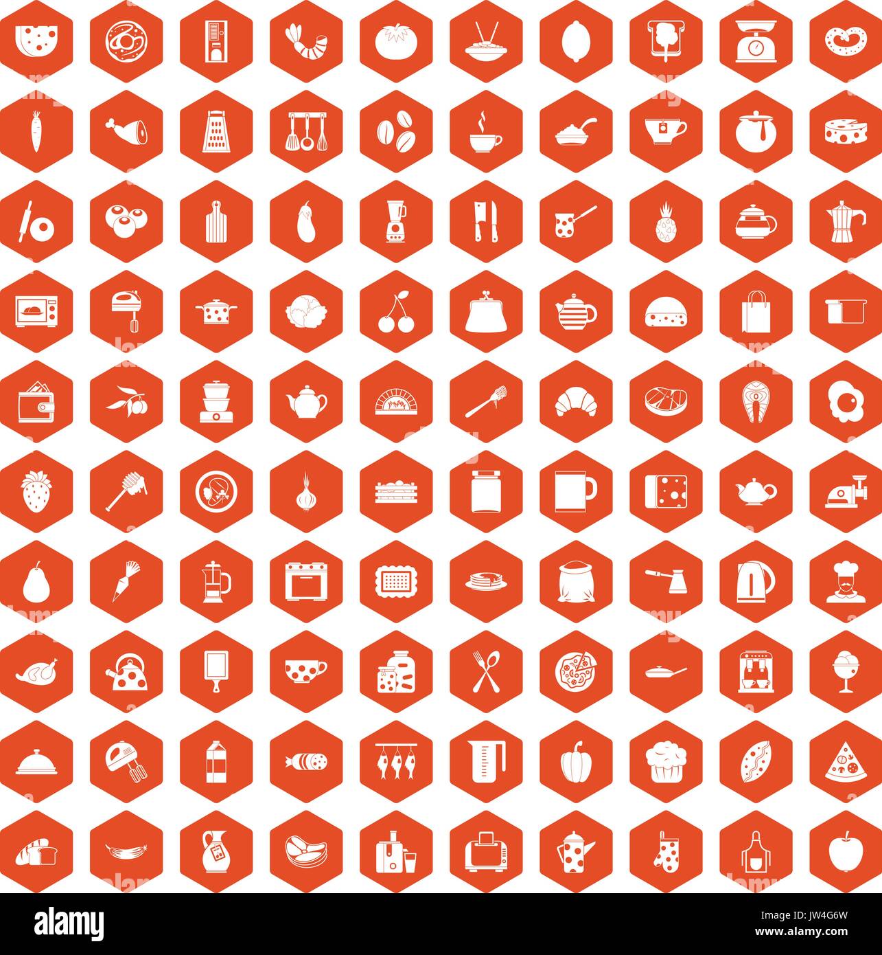 100 cooking icons hexagon orange Stock Vector