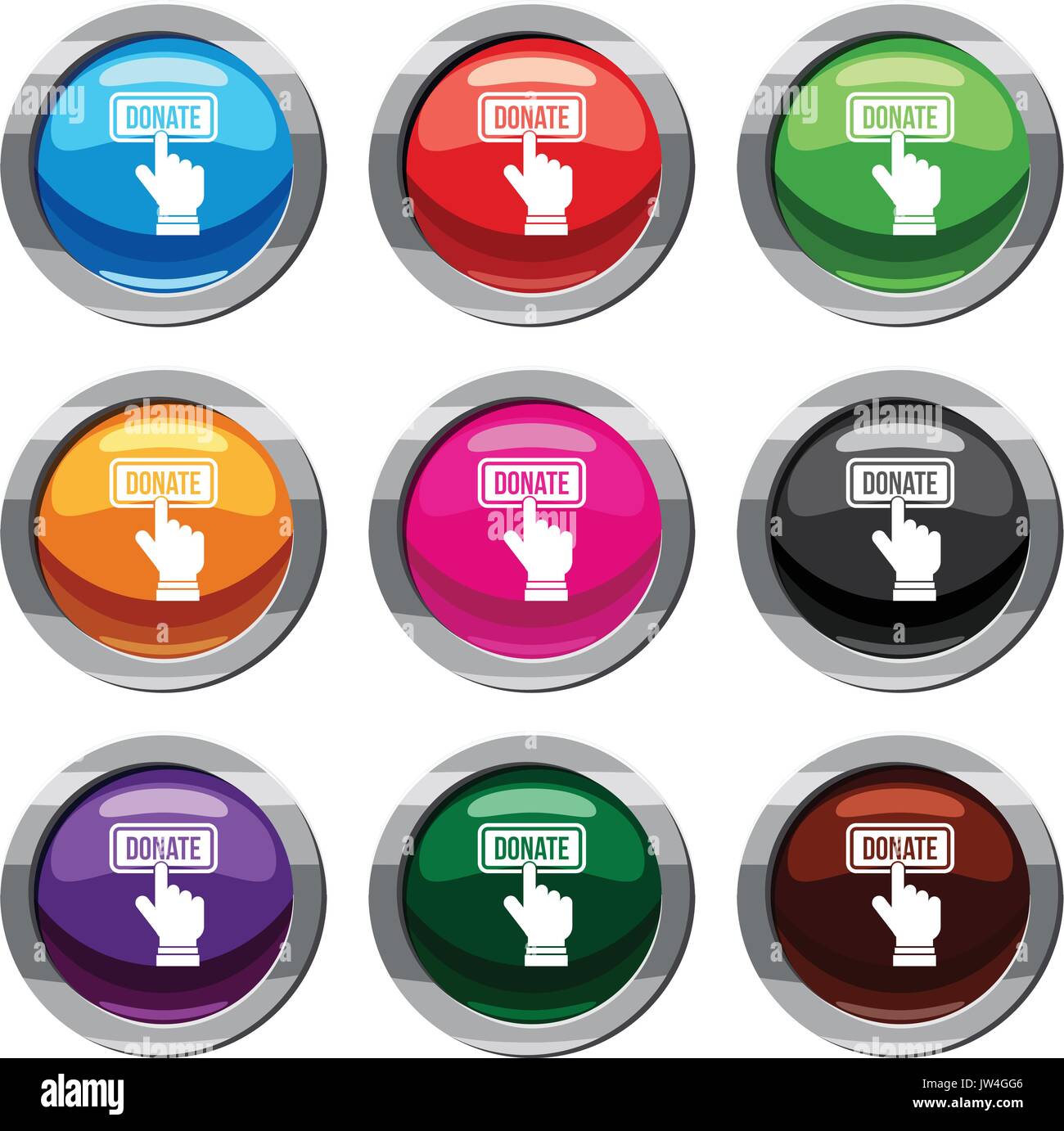 Hand presses button to donate set 9 collection Stock Vector