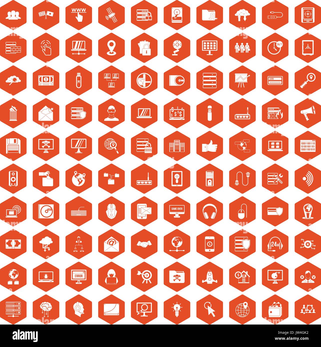 100 cyber security icons hexagon orange Stock Vector