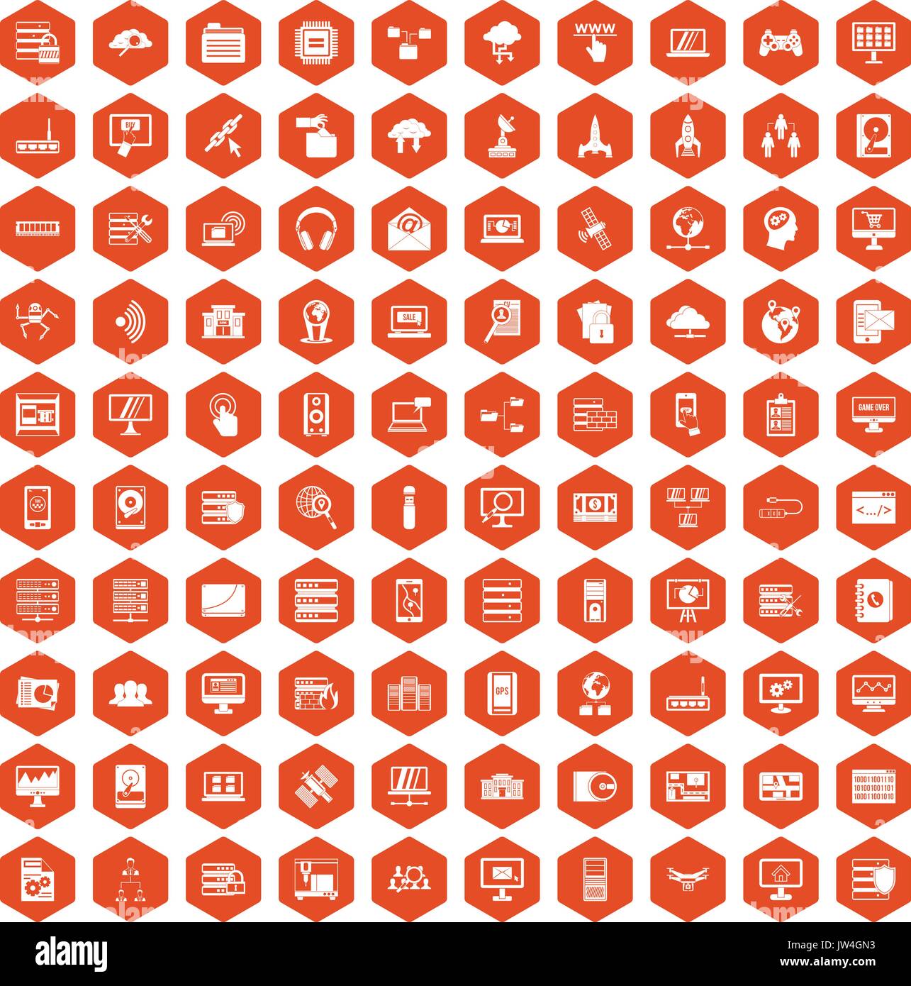 100 database and cloud icons hexagon orange Stock Vector