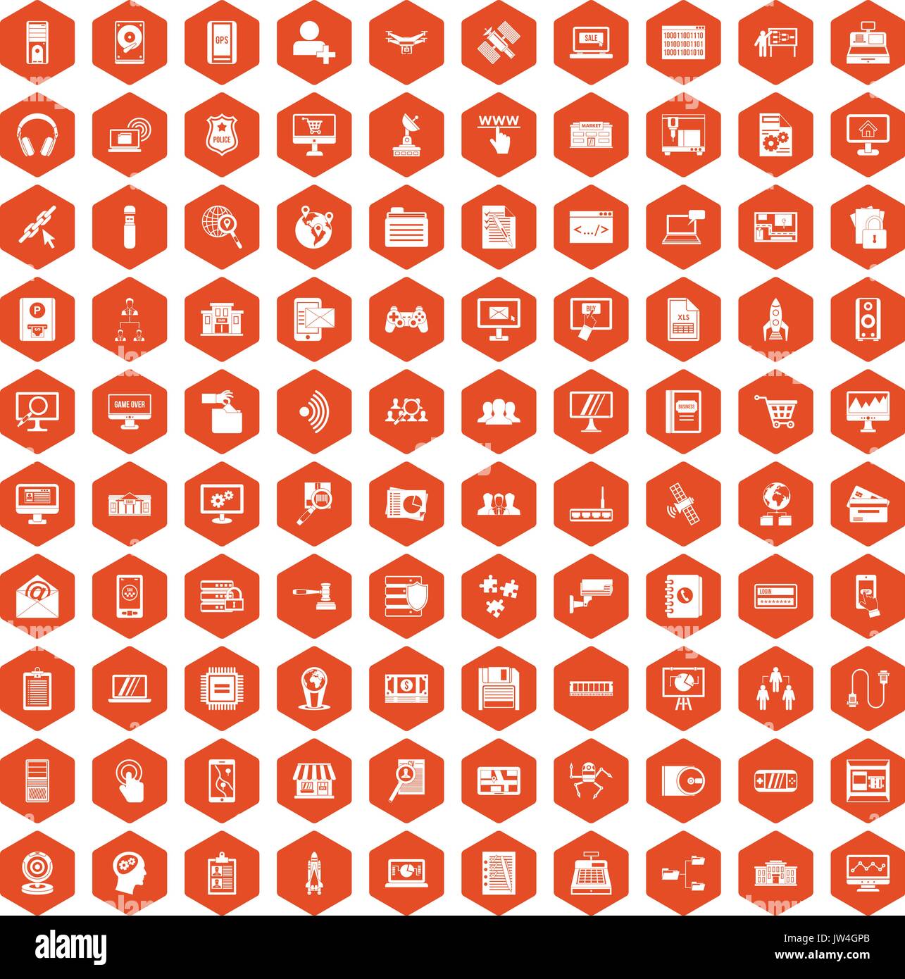 100 database icons hexagon orange Stock Vector