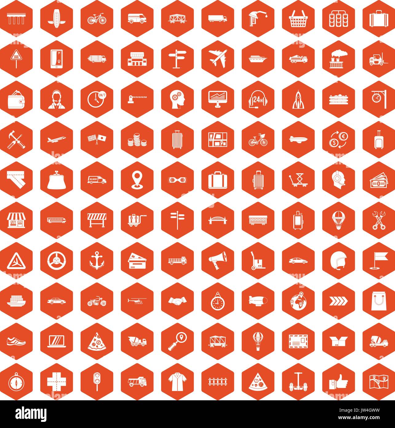 100 delivery icons hexagon orange Stock Vector