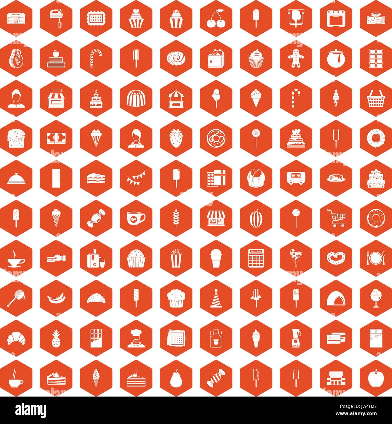 100 dessert icons hexagon orange Stock Vector