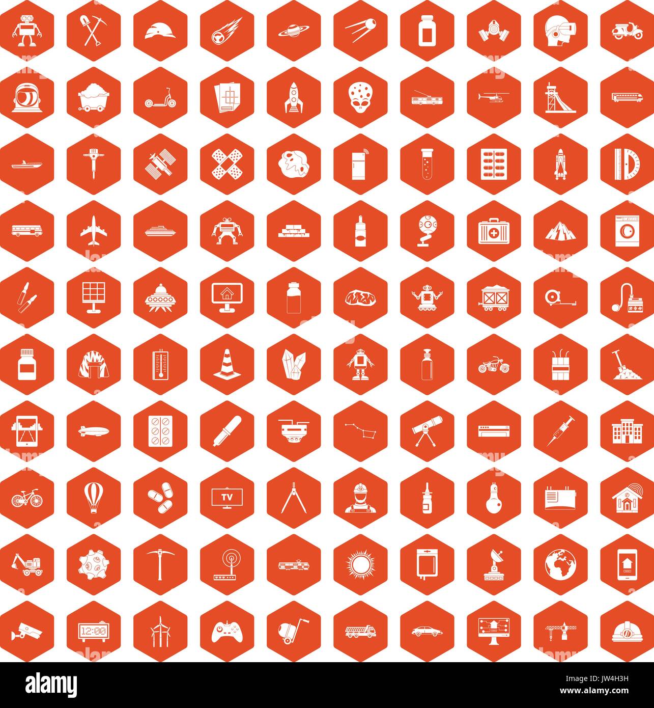 100 development icons hexagon orange Stock Vector
