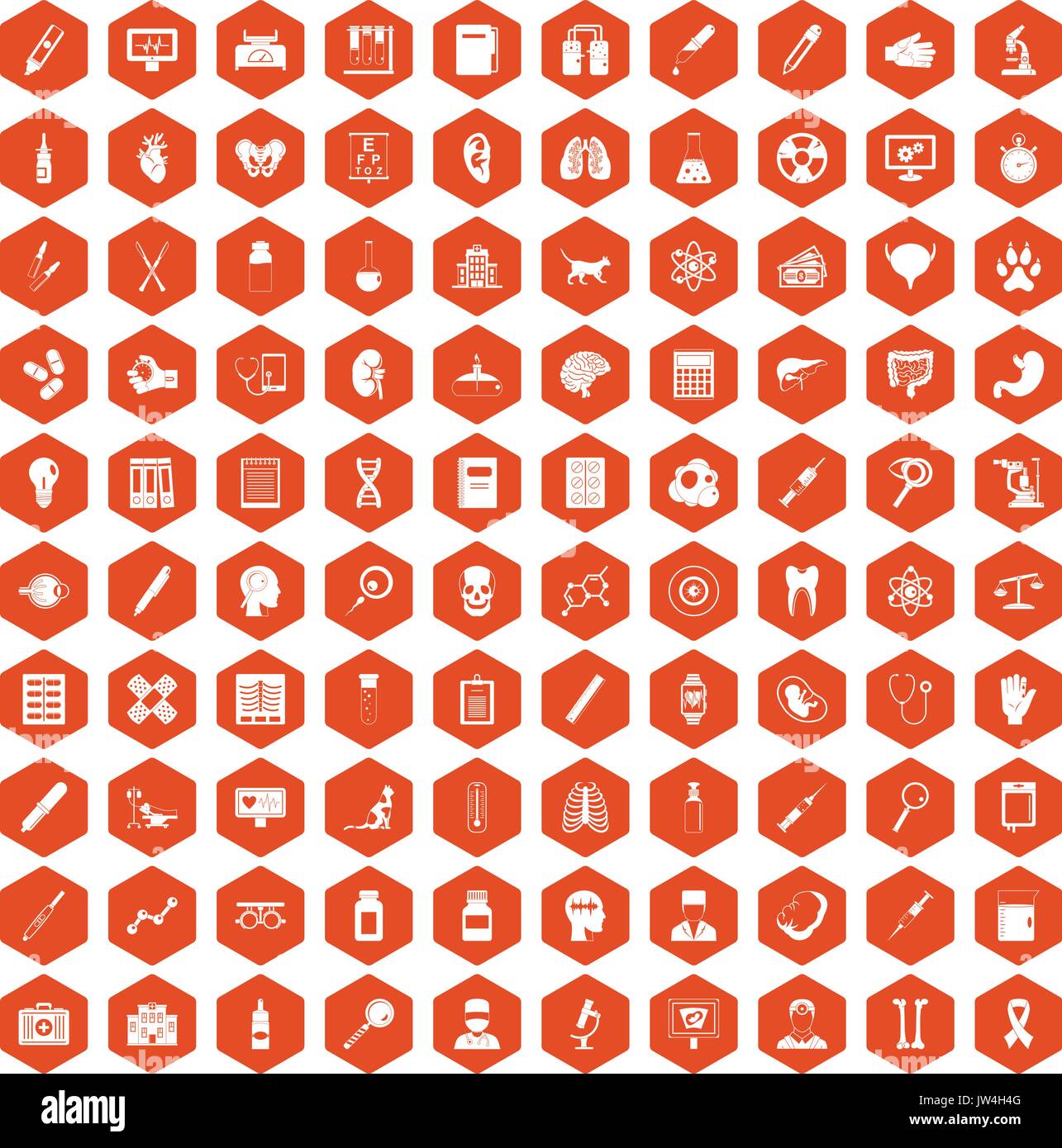 100 diagnostic icons hexagon orange Stock Vector