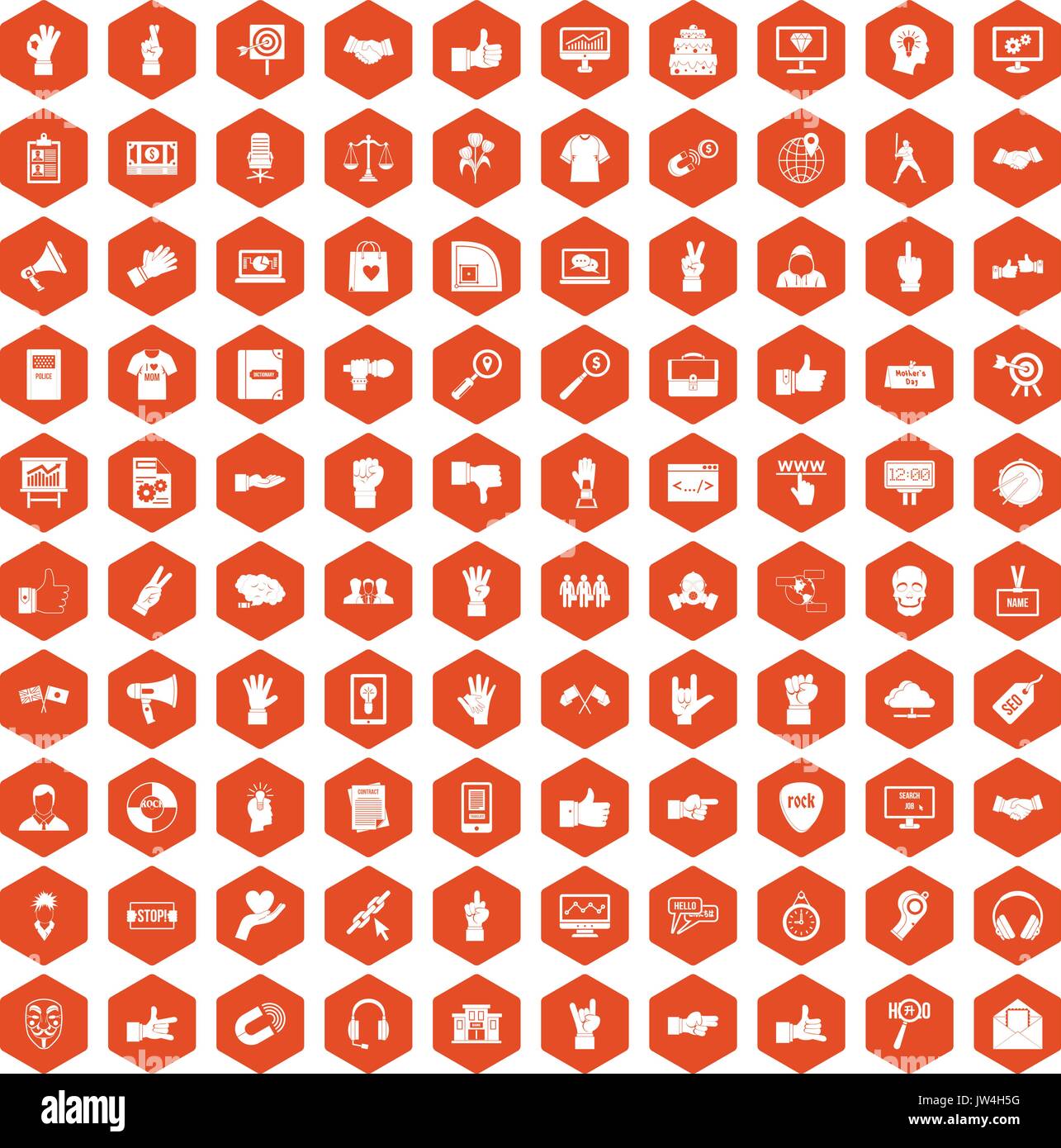 100 different gestures icons hexagon orange Stock Vector