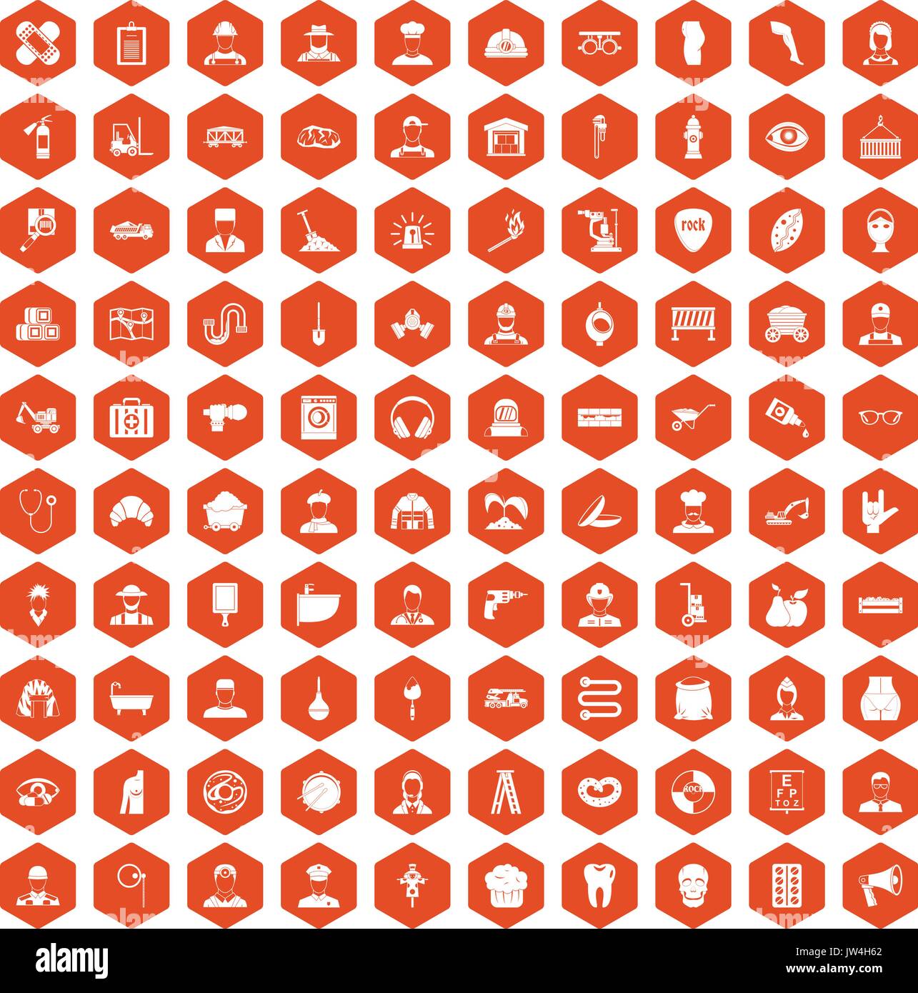 100 different professions icons hexagon orange Stock Vector