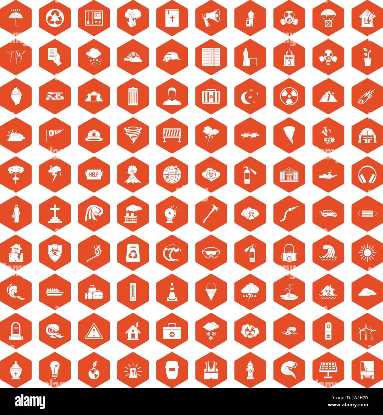 100 disaster icons hexagon orange Stock Vector