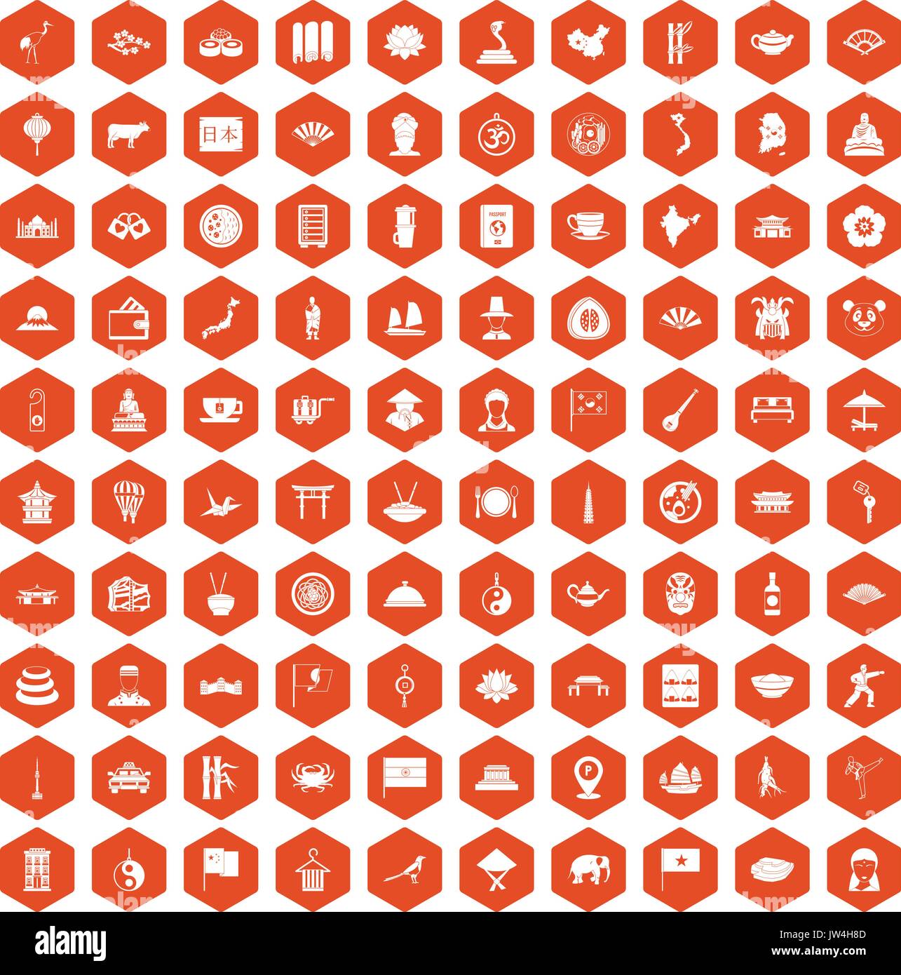 100 dish icons hexagon orange Stock Vector