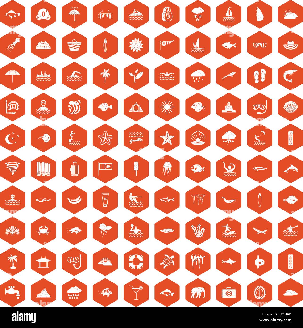 100 diving icons hexagon orange Stock Vector