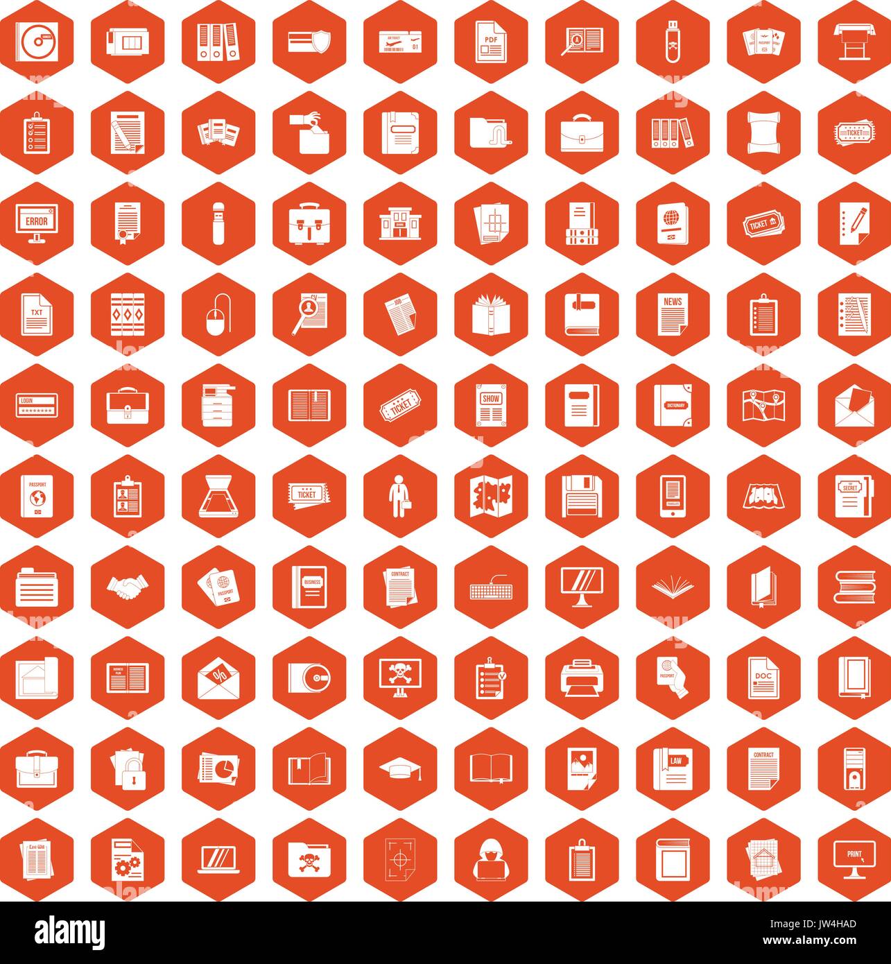 100 document icons hexagon orange Stock Vector