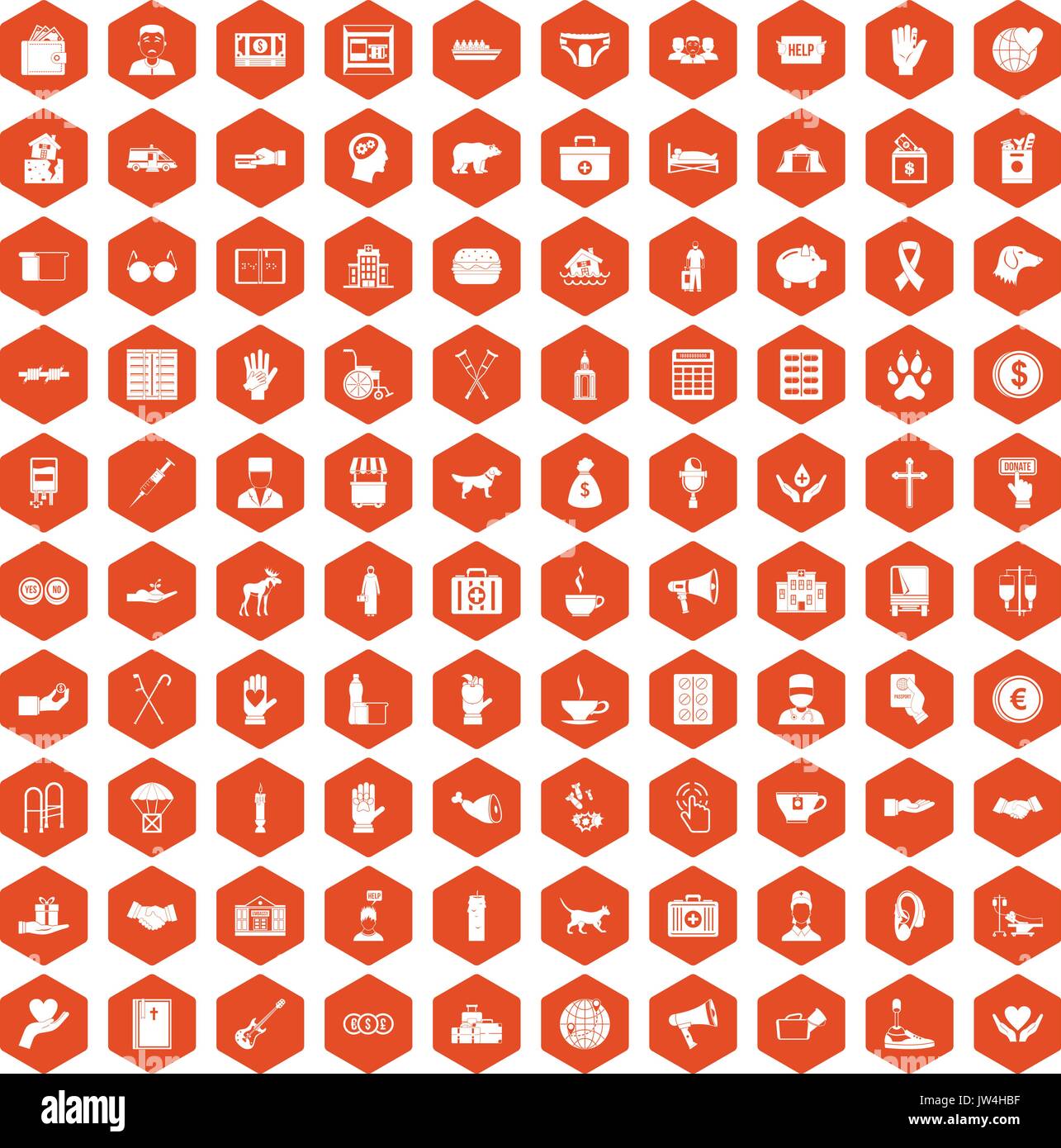 100 donation icons hexagon orange Stock Vector