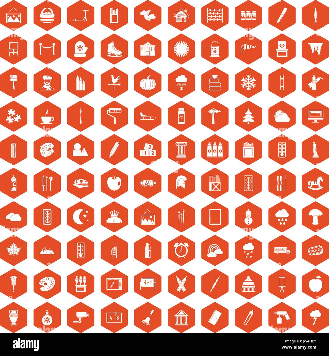 100 drawing icons hexagon orange Stock Vector
