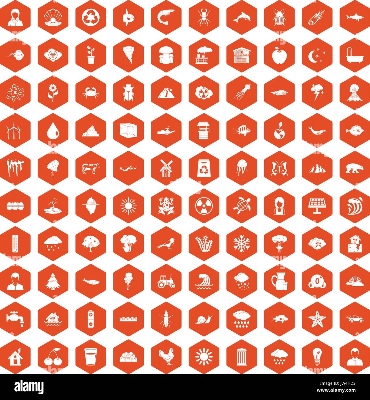 100 earth icons hexagon orange Stock Vector
