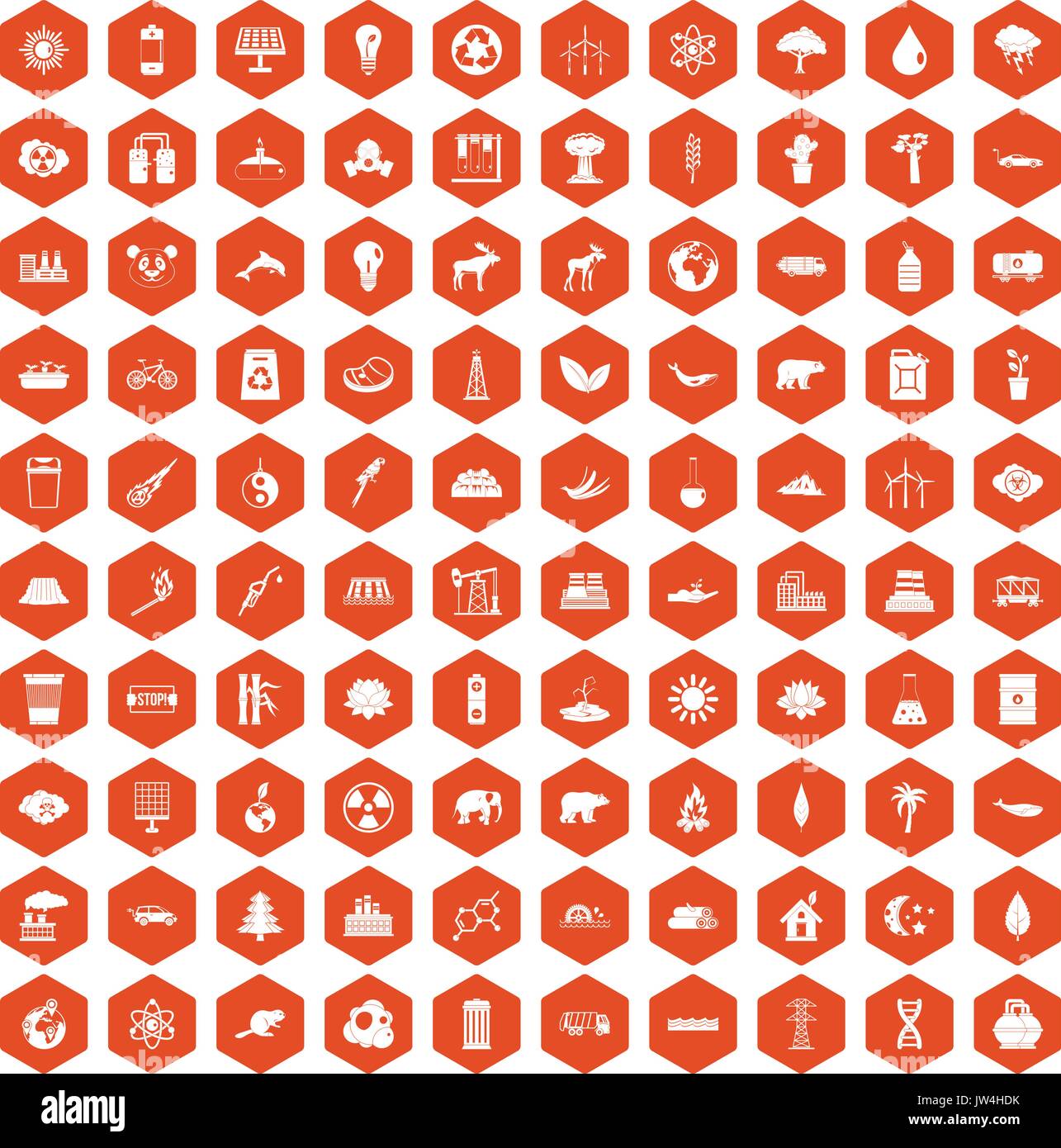 100 eco icons hexagon orange Stock Vector