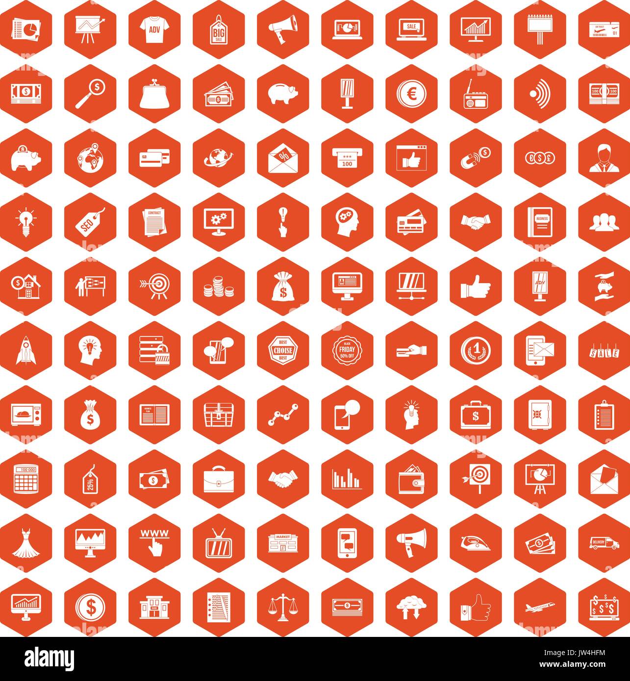 100 e-commerce icons hexagon orange Stock Vector
