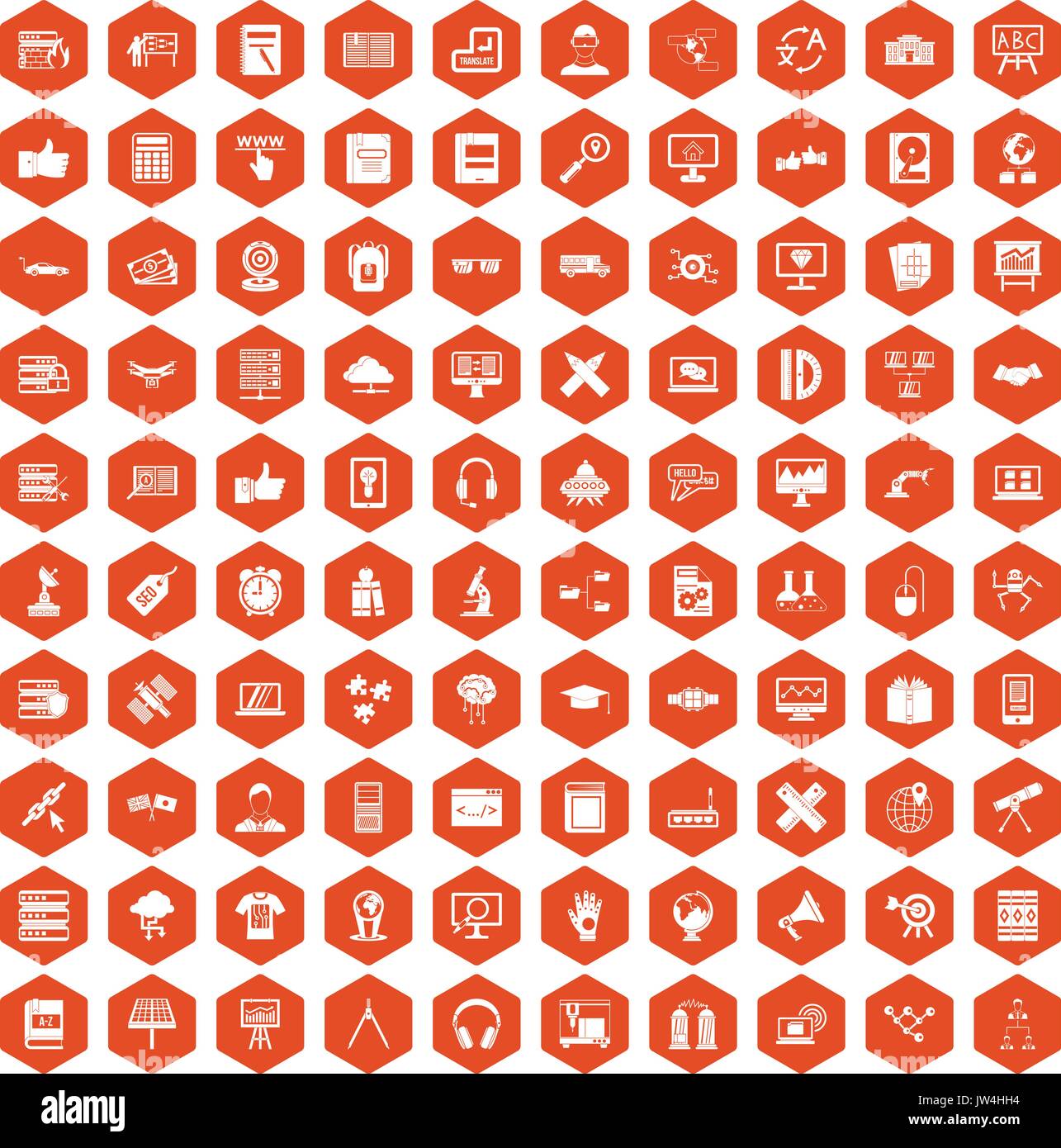 100 education technology icons hexagon orange Stock Vector