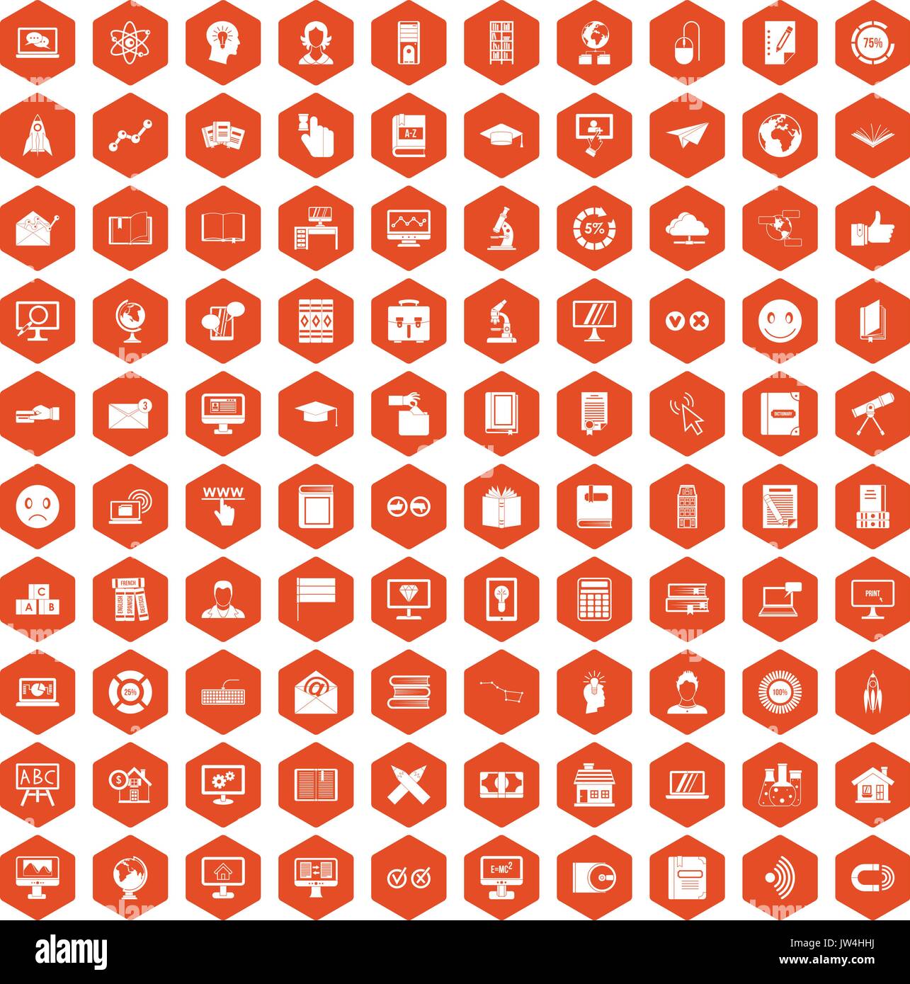 100 e-learning icons hexagon orange Stock Vector