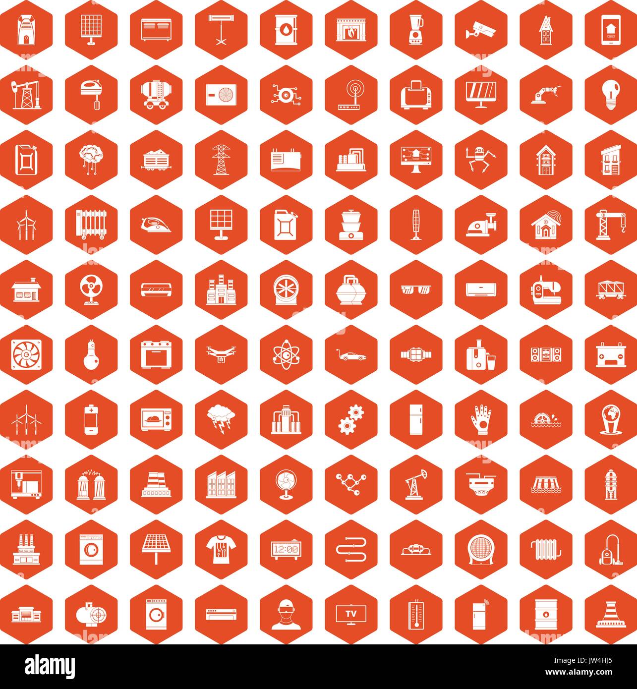 100 electrical engineering icons hexagon orange Stock Vector
