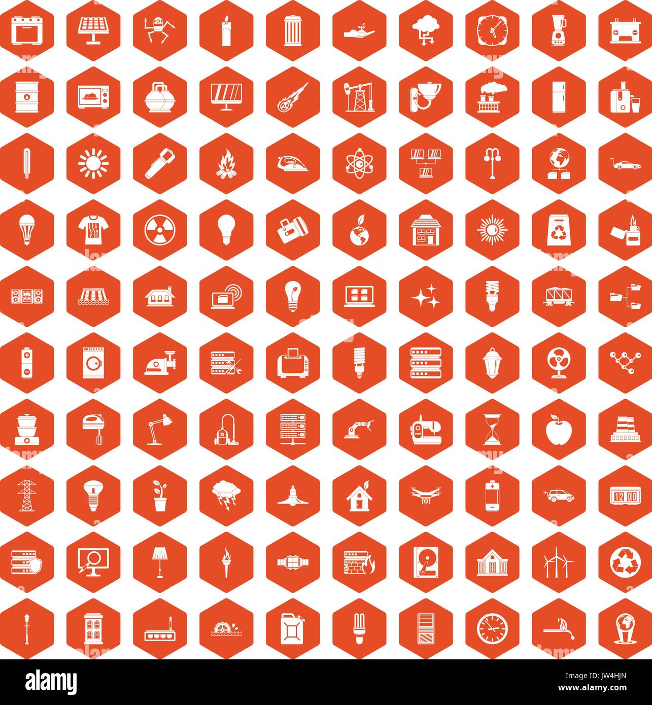 100 electricity icons hexagon orange Stock Vector