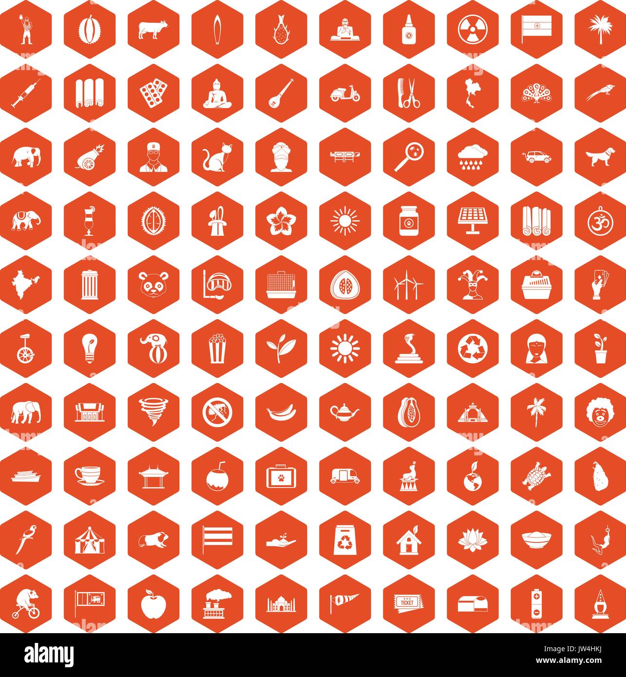 100 elephant icons hexagon orange Stock Vector