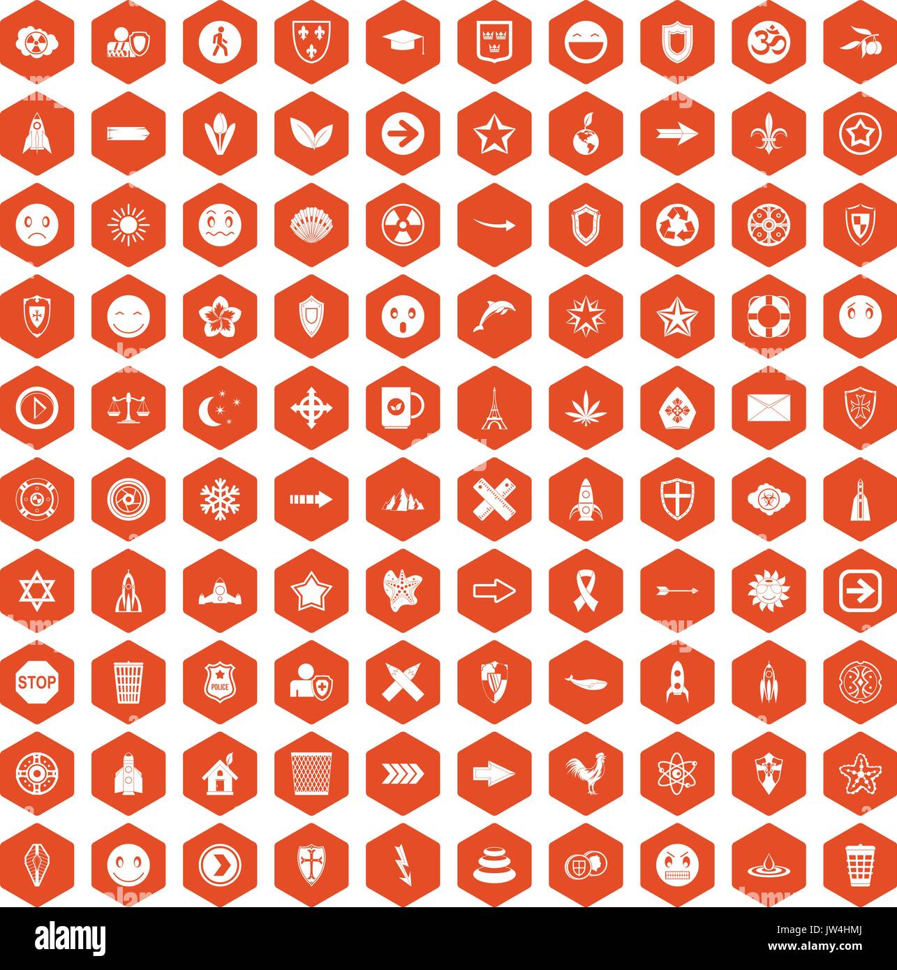 100 emblem icons hexagon orange Stock Vector