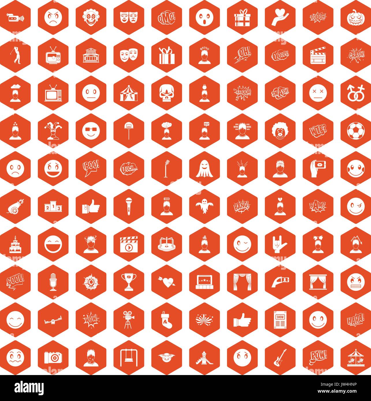 100 emotion icons hexagon orange Stock Vector