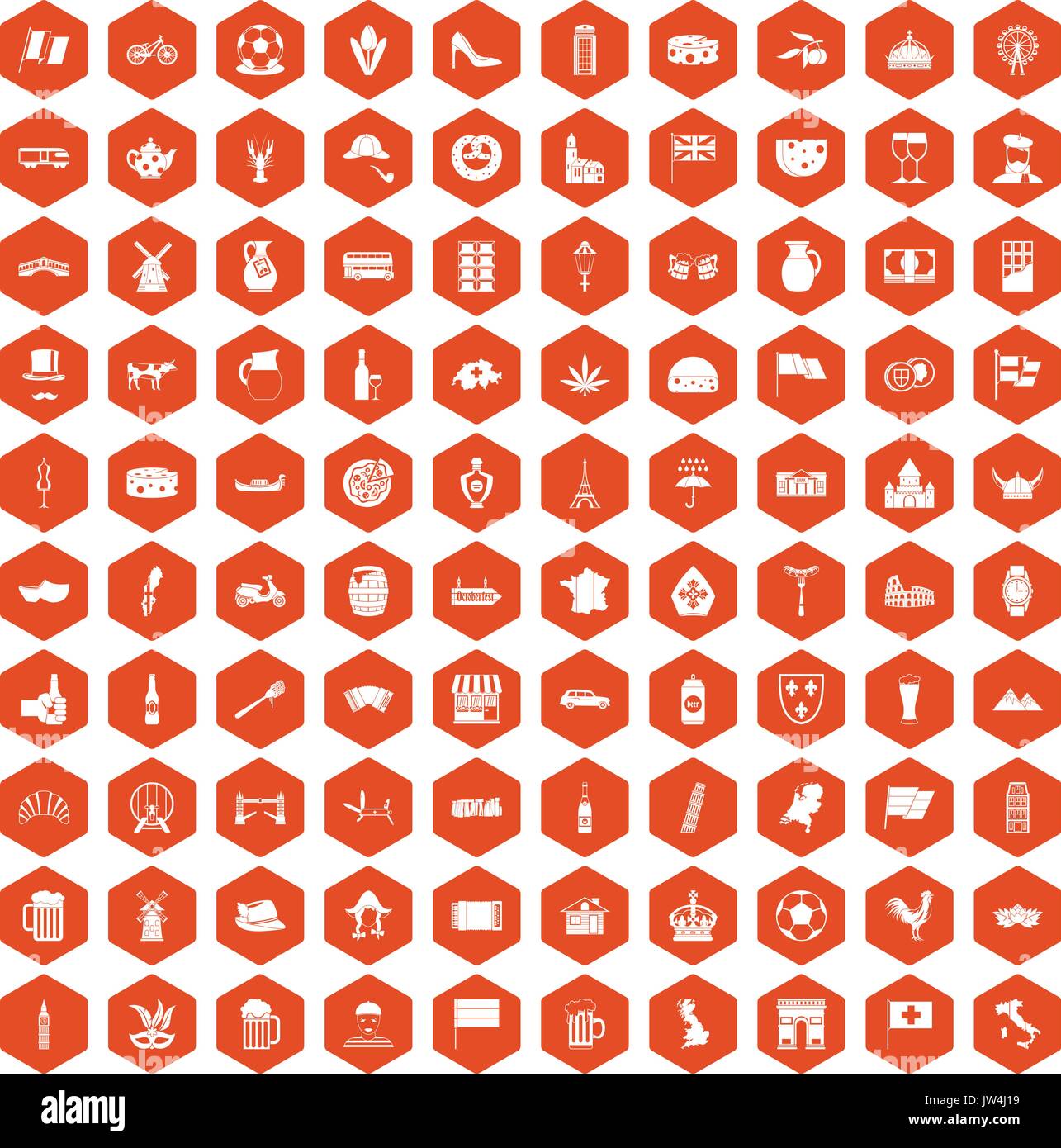 100 europe countries icons hexagon orange Stock Vector