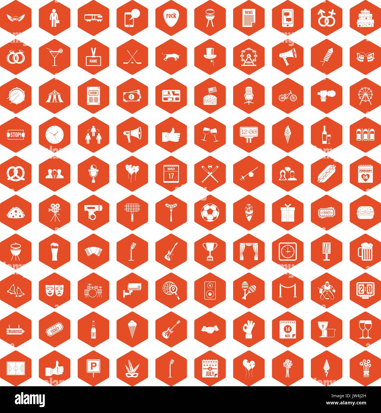100 events icons hexagon orange Stock Vector