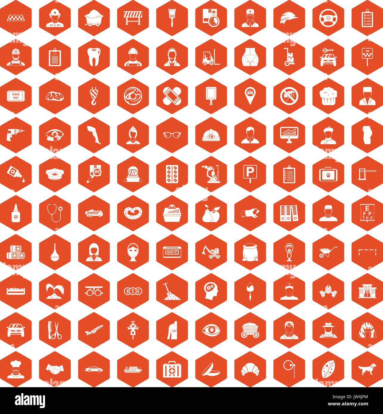 100 favorite work icons hexagon orange Stock Vector