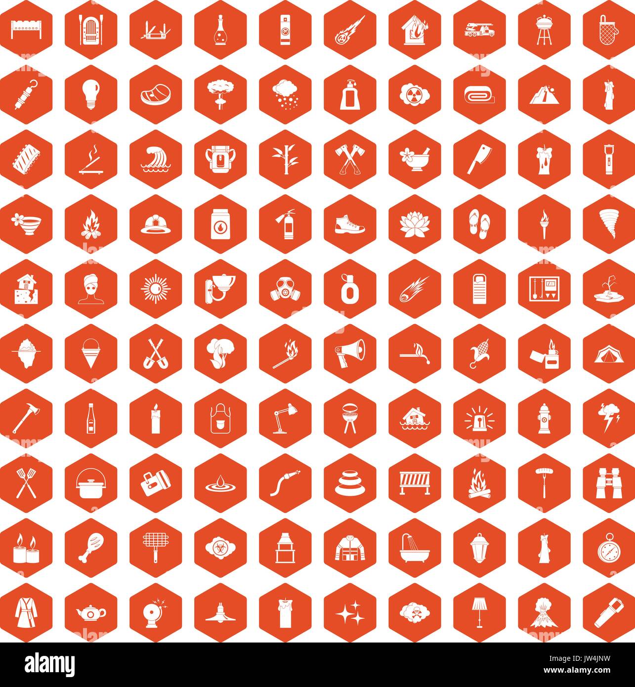 100 fire icons hexagon orange Stock Vector