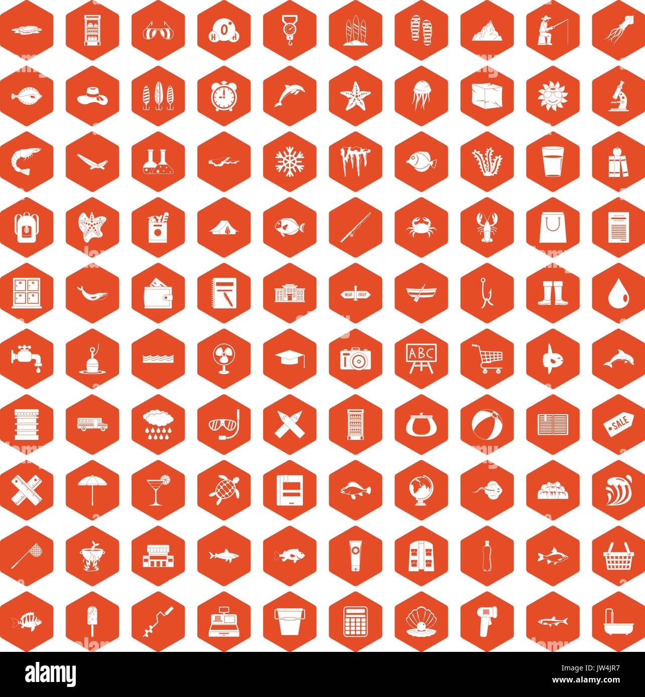 100 fish icons hexagon orange Stock Vector