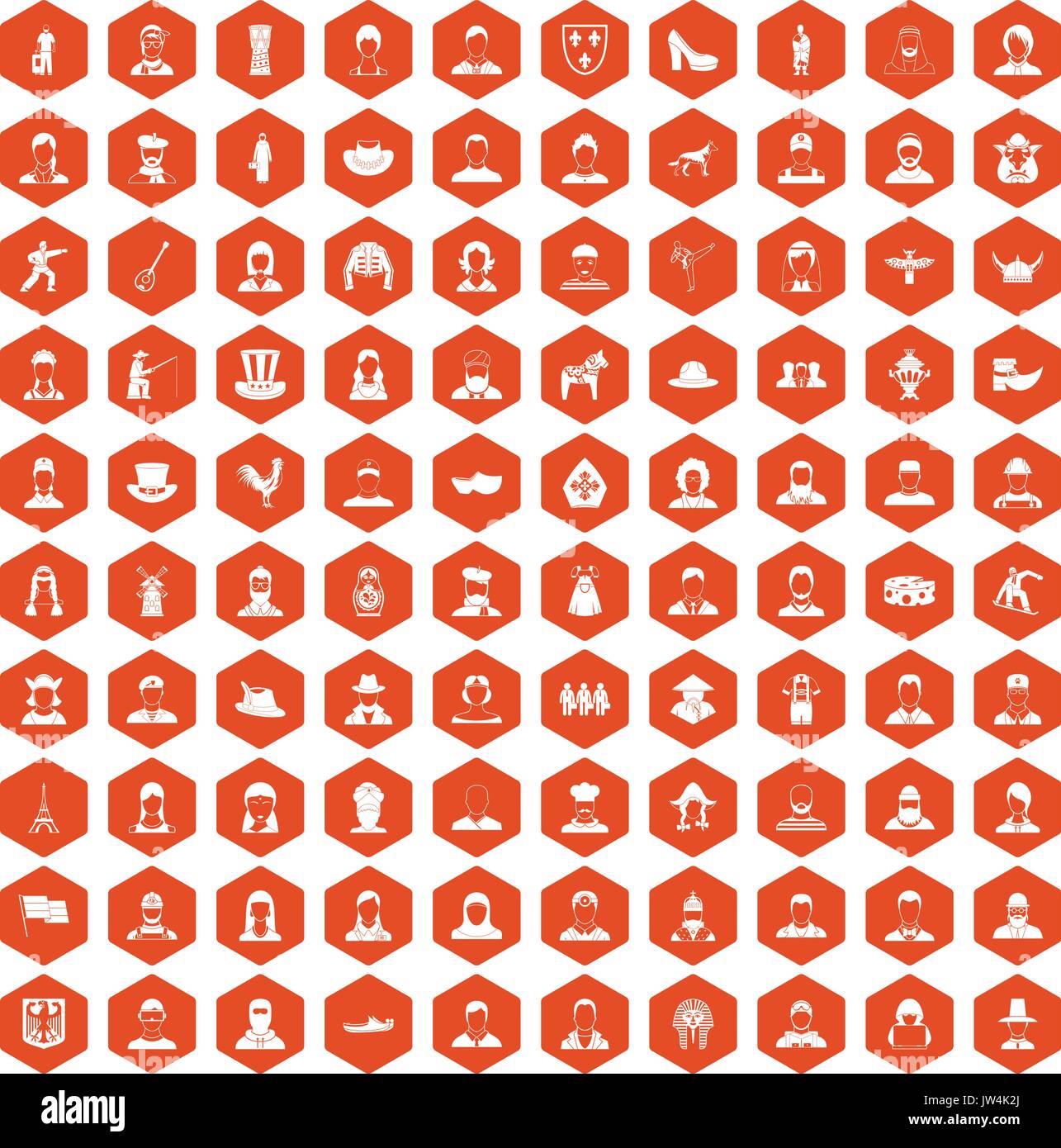 100 folk icons hexagon orange Stock Vector