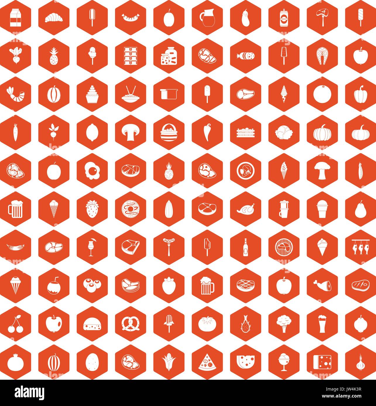 100 food icons hexagon orange Stock Vector