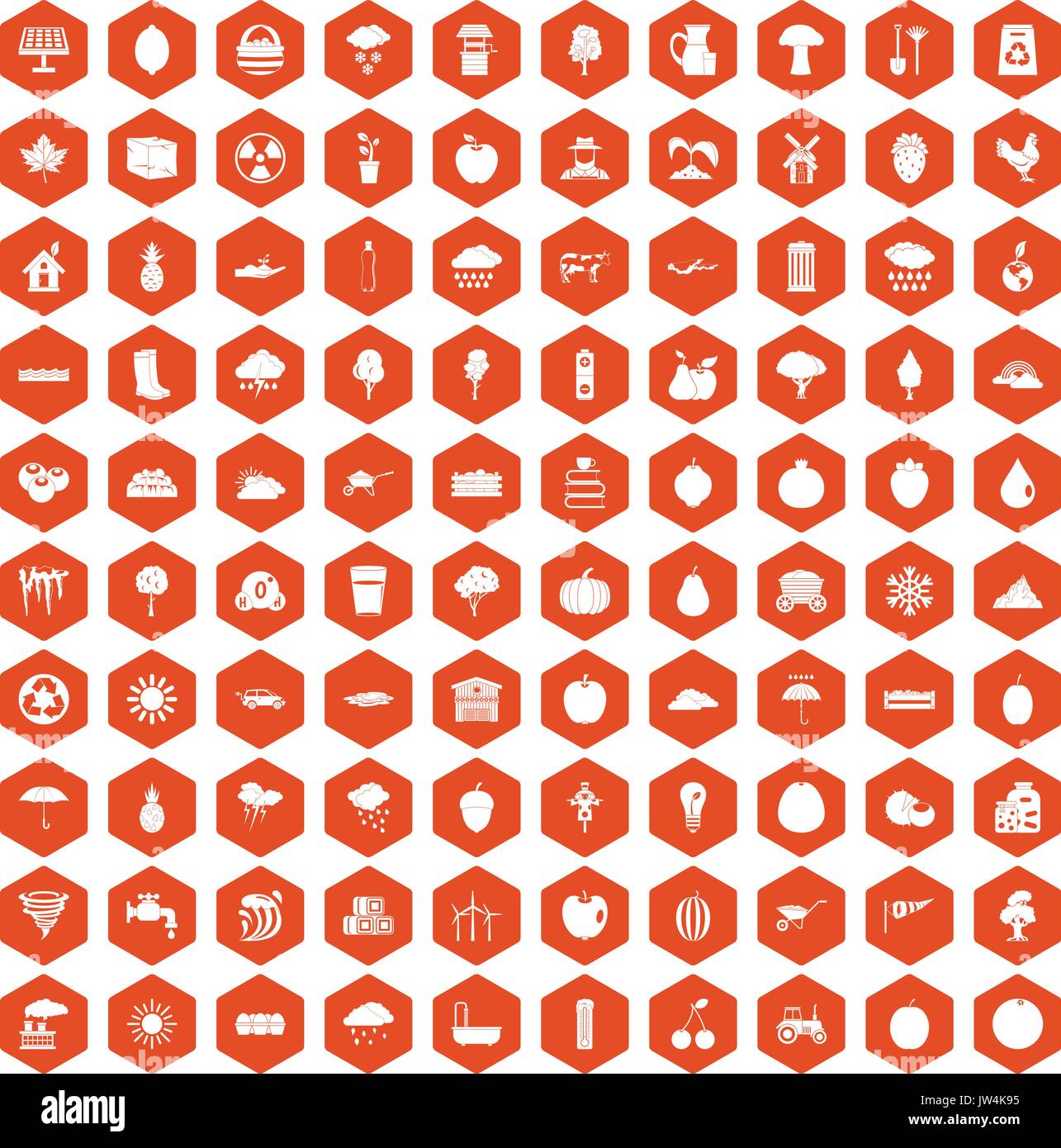 100 fruit icons hexagon orange Stock Vector