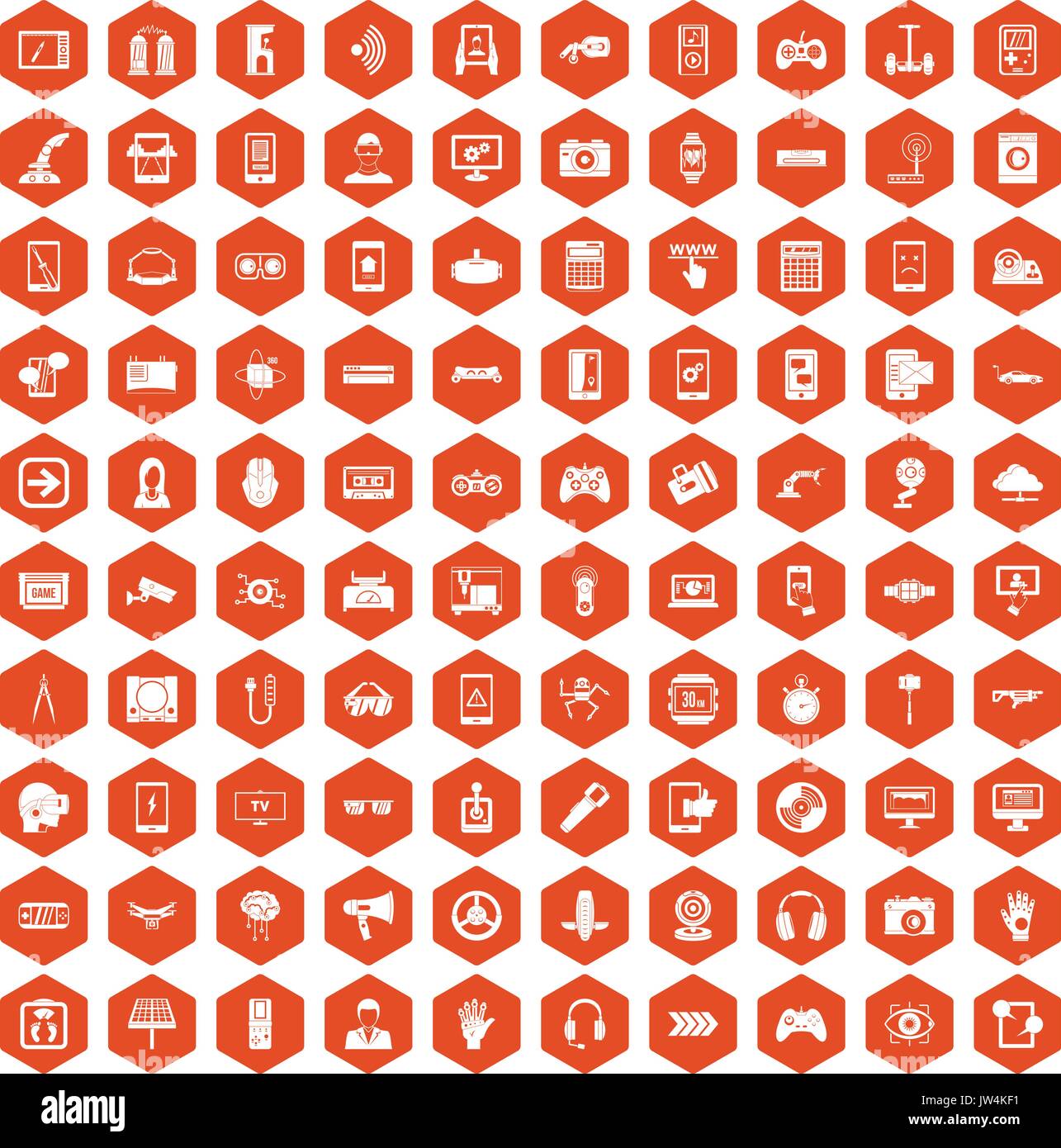 100 gadget icons hexagon orange Stock Vector