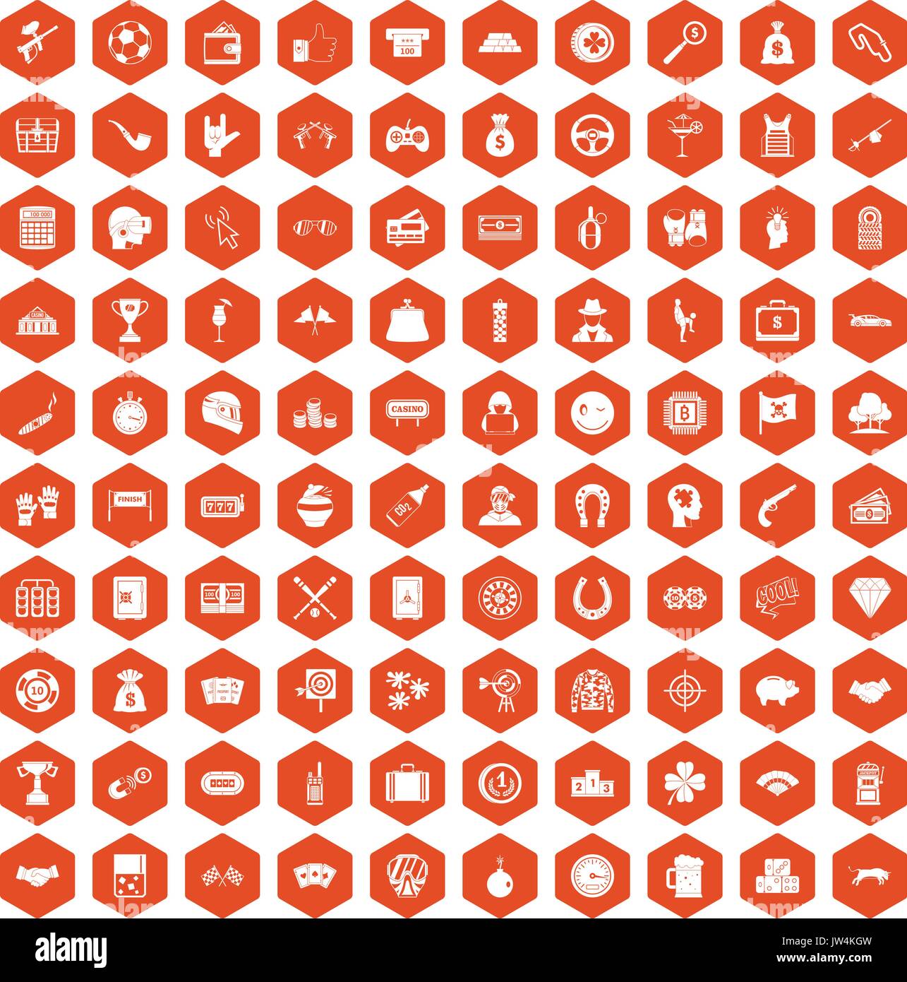 100 gambling icons hexagon orange Stock Vector