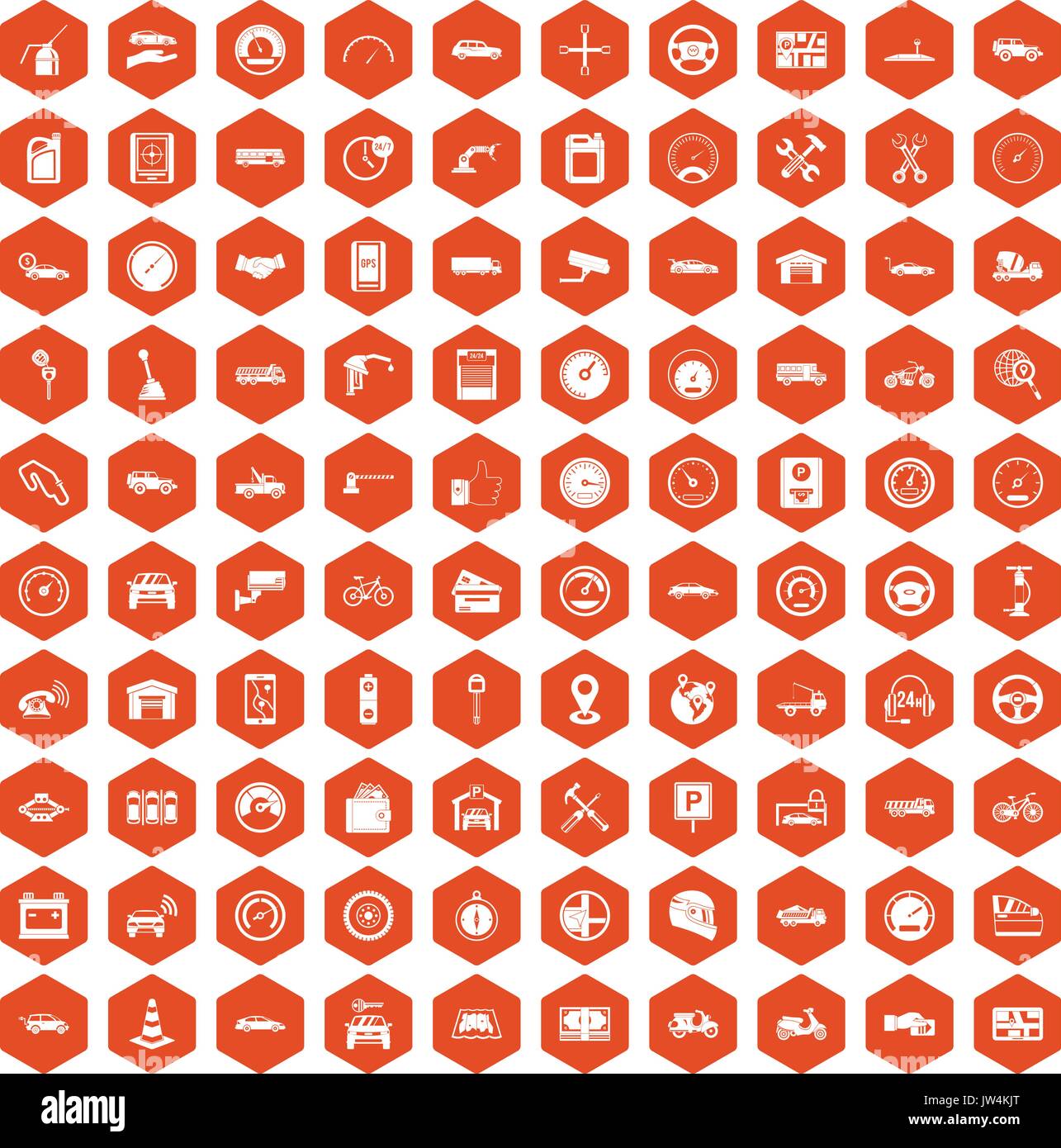 100 garage icons hexagon orange Stock Vector