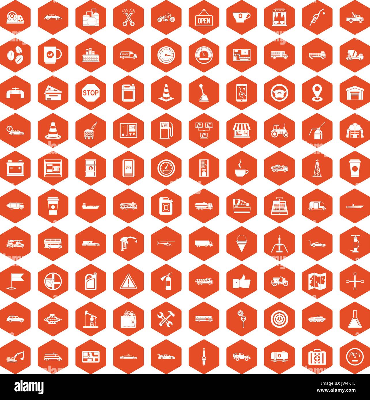100 gas station icons hexagon orange Stock Vector