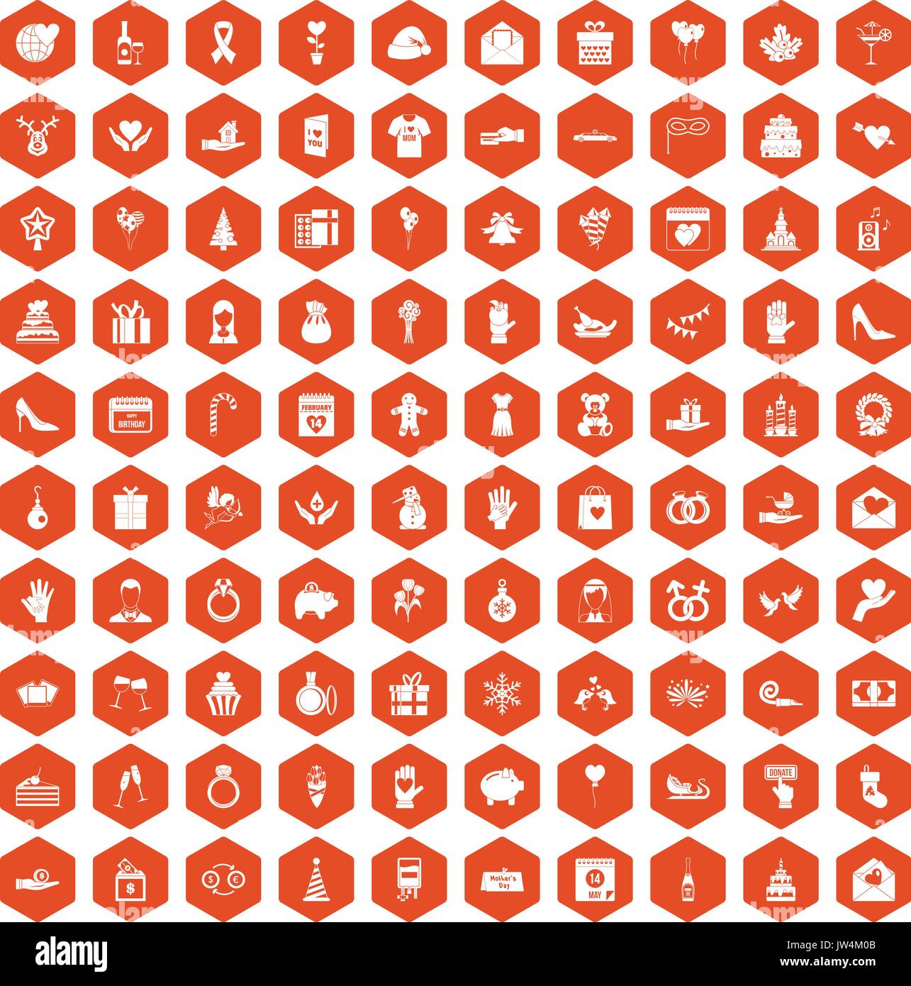 100 gift icons hexagon orange Stock Vector