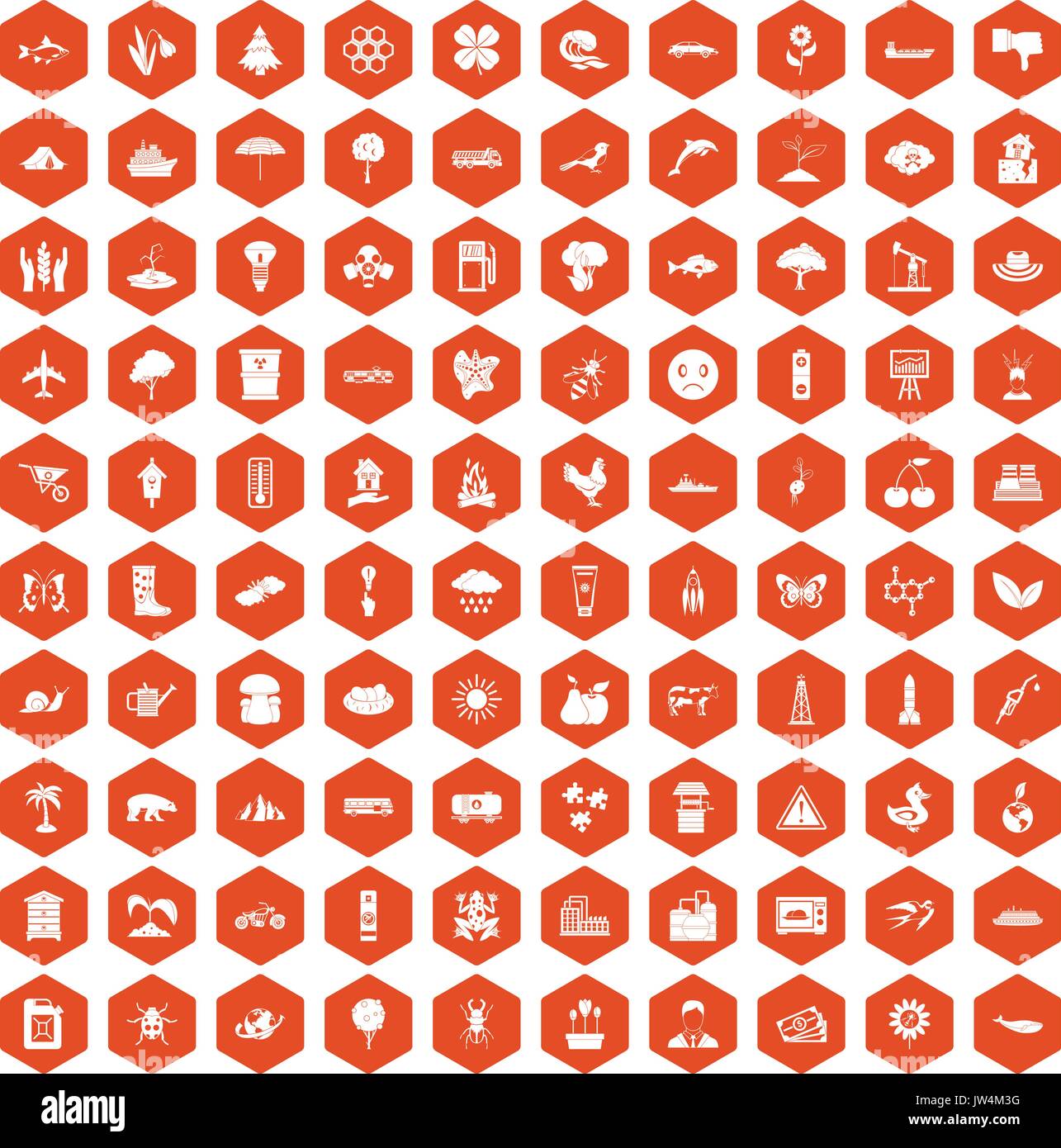 100 global warming icons hexagon orange Stock Vector