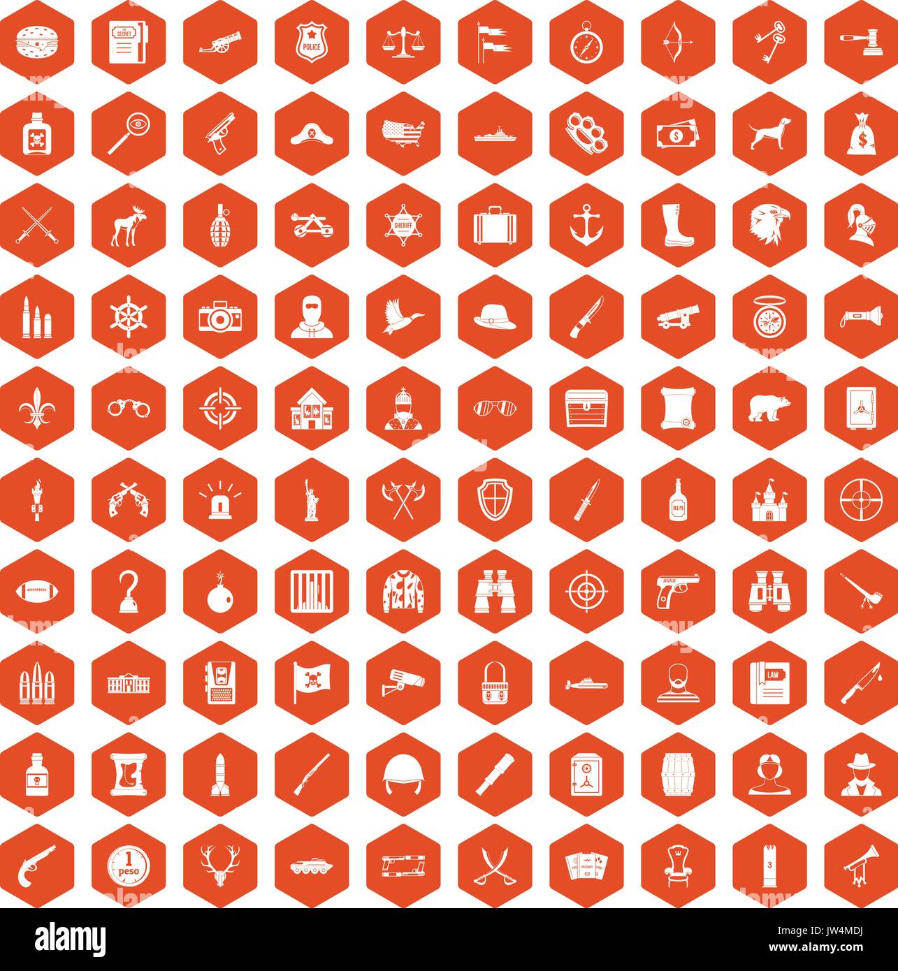 100 guns icons hexagon orange Stock Vector