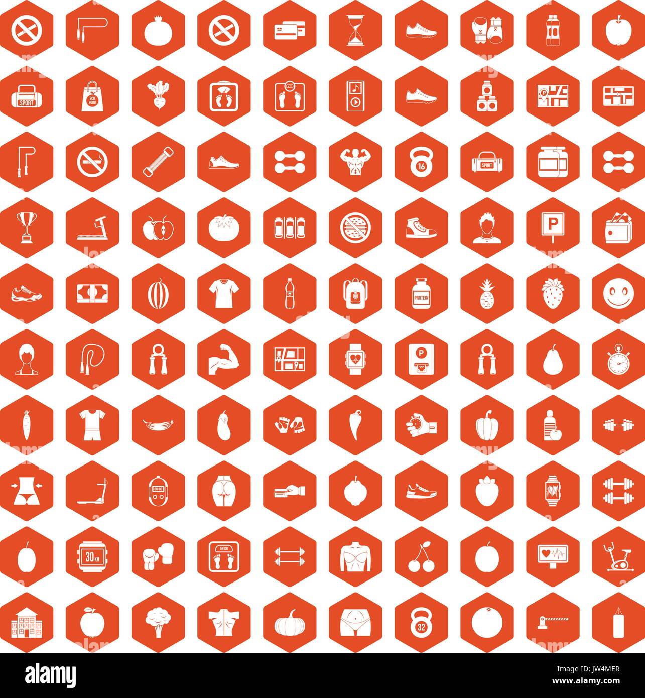 100 gym icons hexagon orange Stock Vector