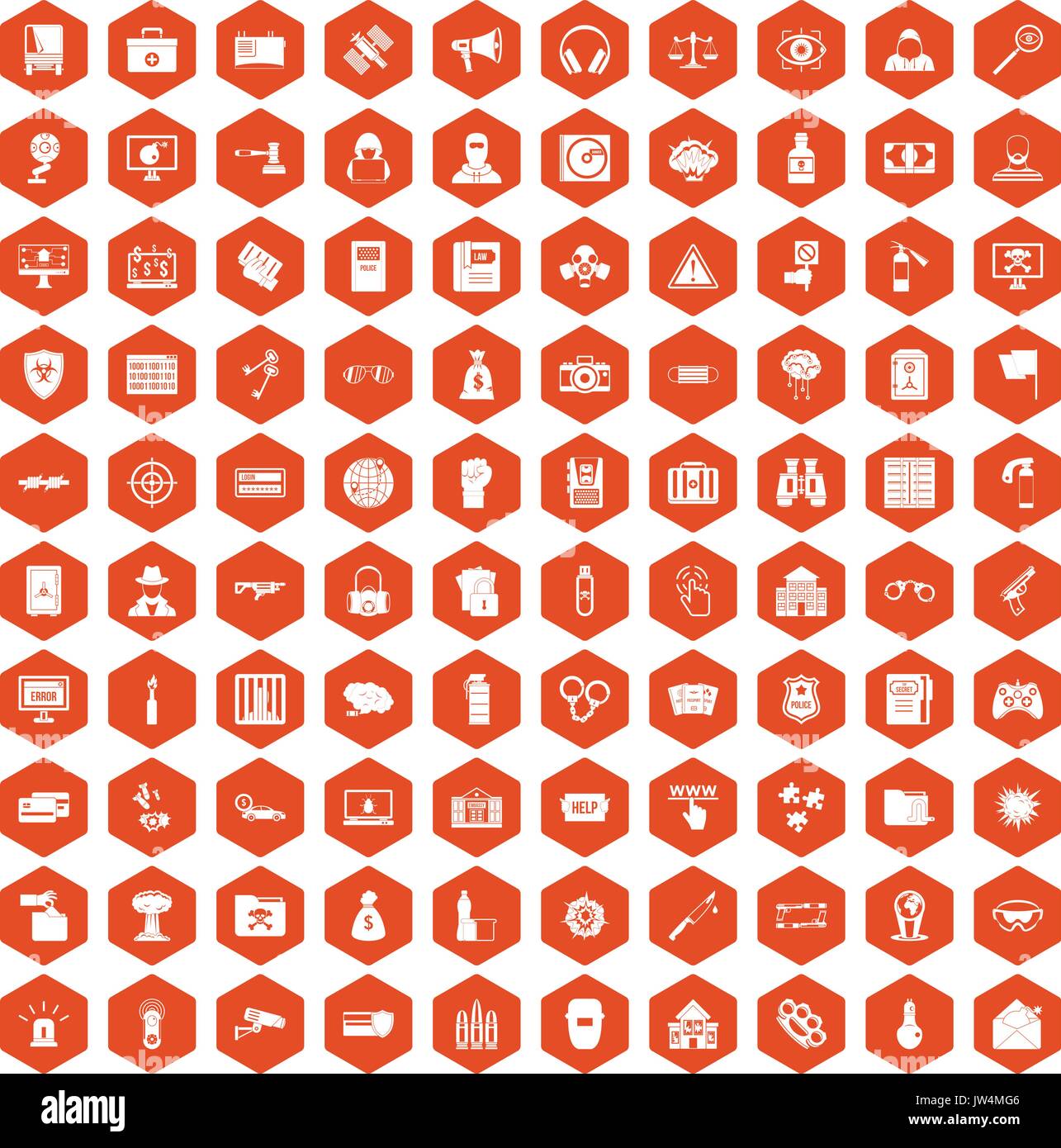 100 hacking icons hexagon orange Stock Vector