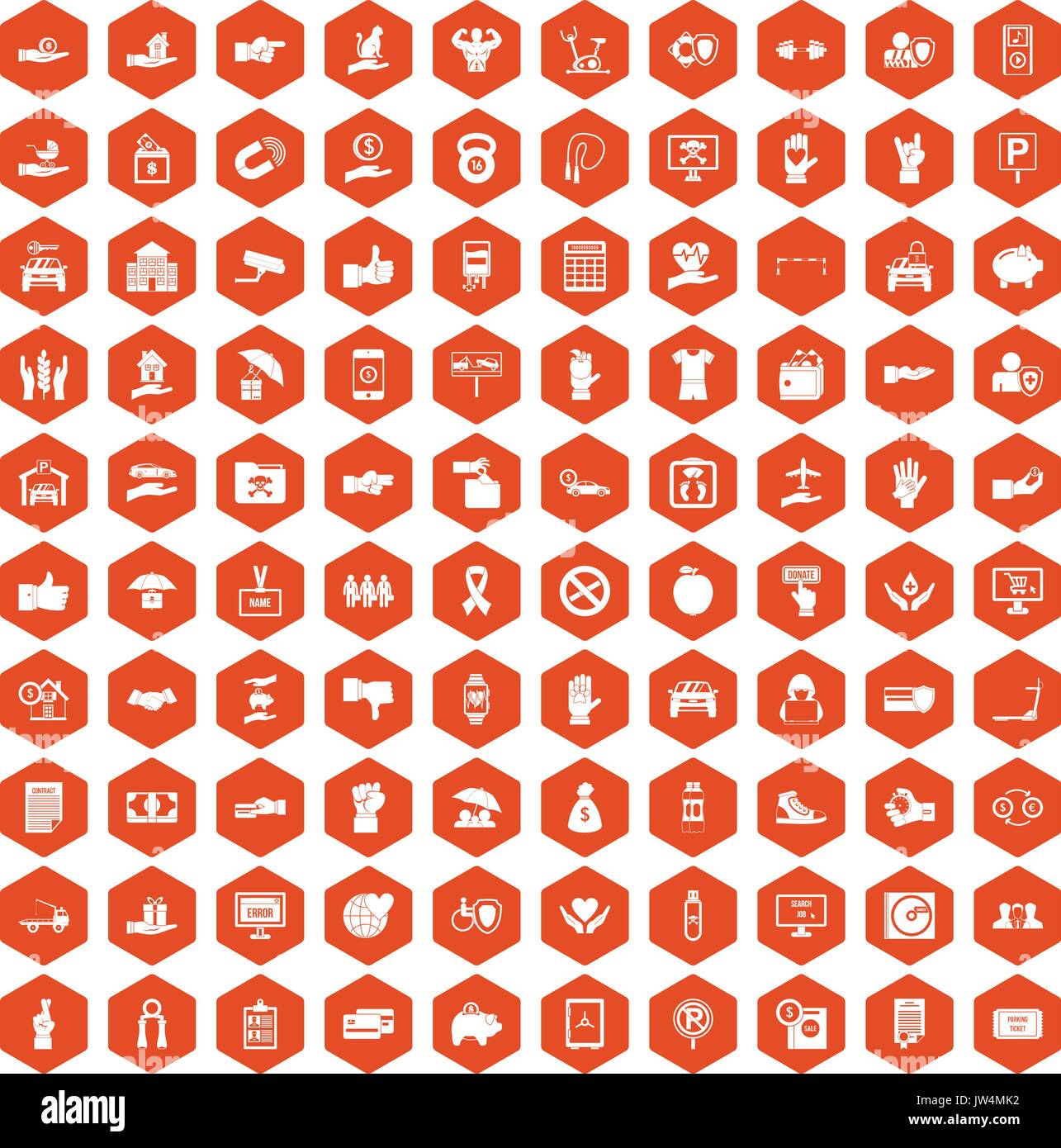 100 hand icons hexagon orange Stock Vector