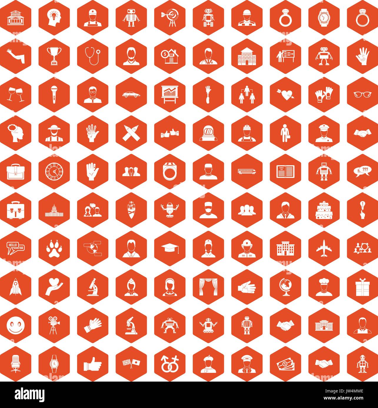 100 handshake icons hexagon orange Stock Vector