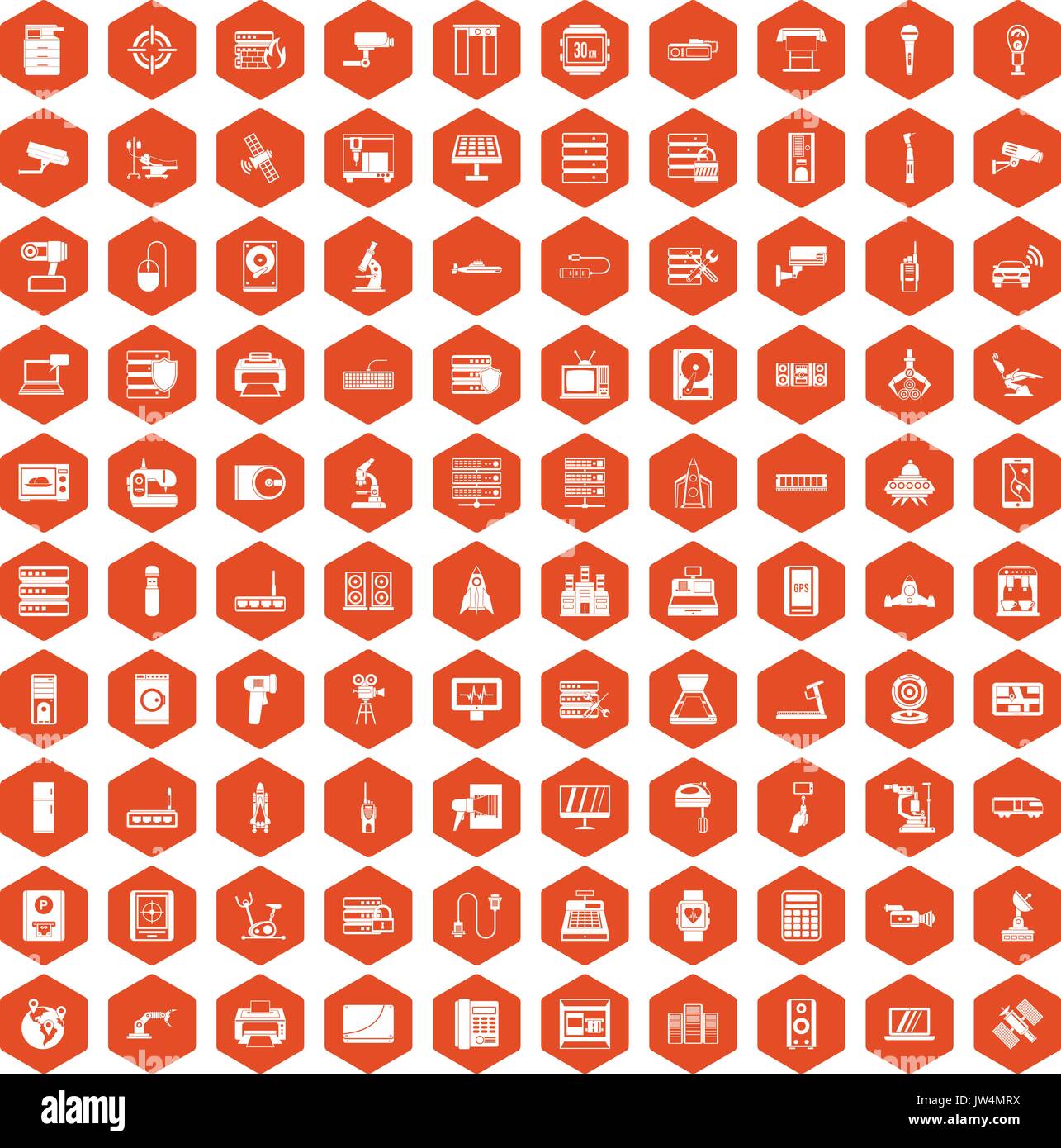 100 hardware icons hexagon orange Stock Vector