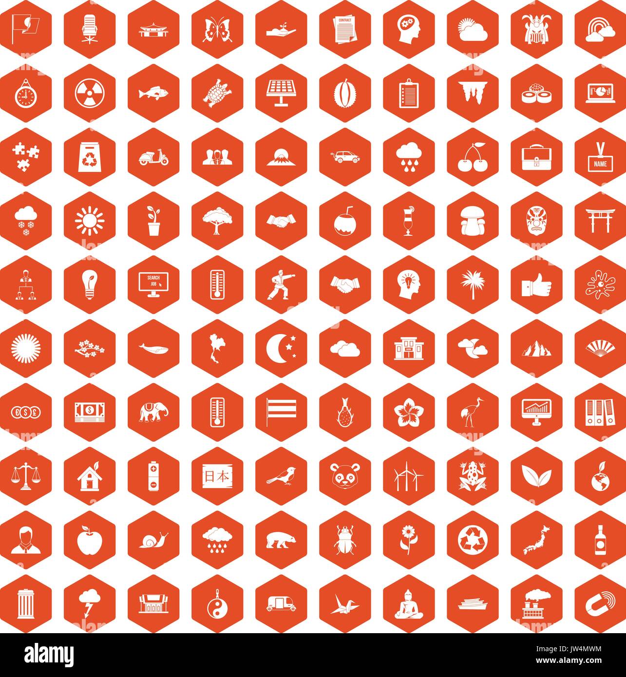 100 harmony icons hexagon orange Stock Vector