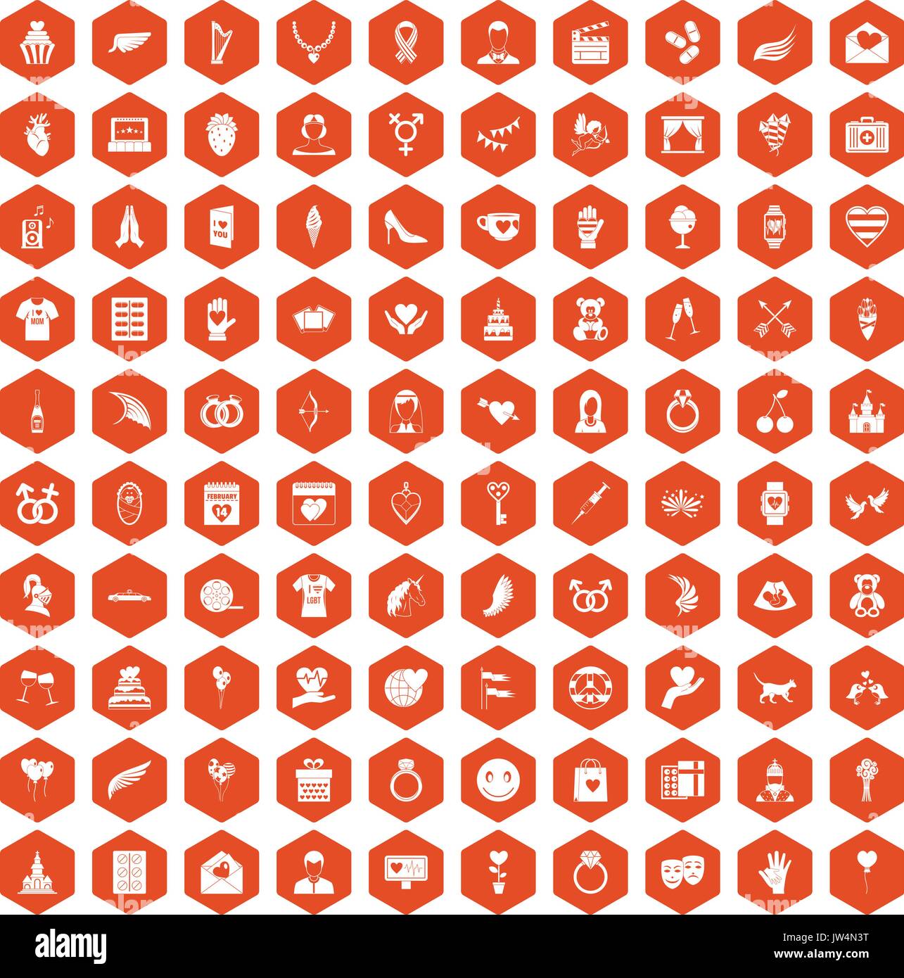 100 heart icons hexagon orange Stock Vector